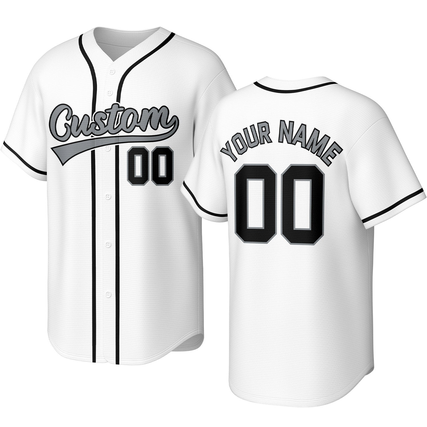 Custom white, black & gray baseball jersey with stitched logo, personalized name & number, button-front short-sleeve sports uniform for team men women youth game practice - Vosoli