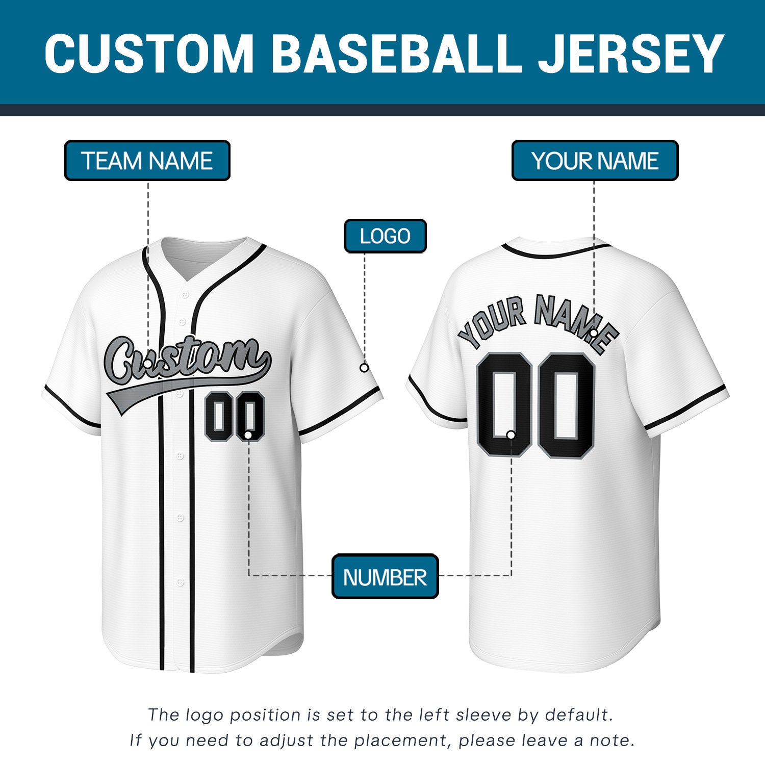 Custom Stitched Baseball Jersey White Black Gray | Personalized Name & Number | Team Uniform