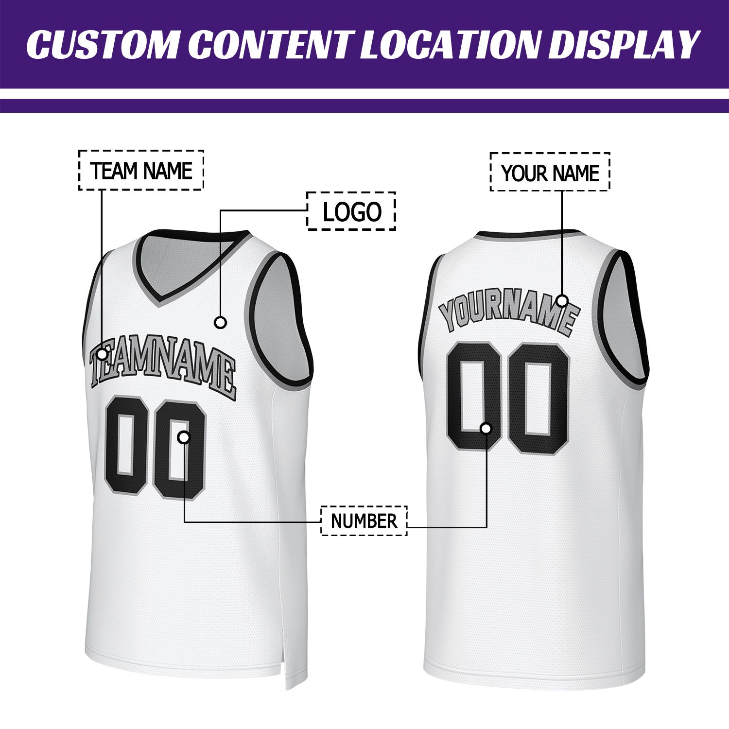 Custom White & Black-Grey Basketball Jersey | Personalized Name & Number Team Uniform