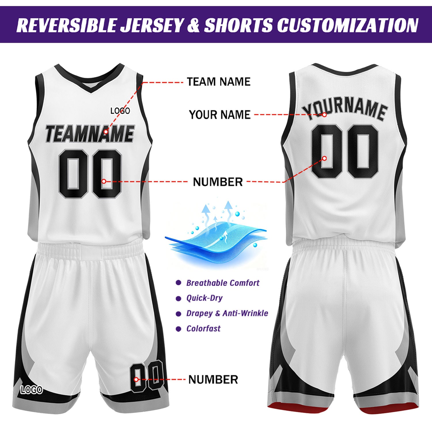 Custom White Black Reversible Basketball Jersey Set | Personalized Name Number Mesh Sports Uniform
