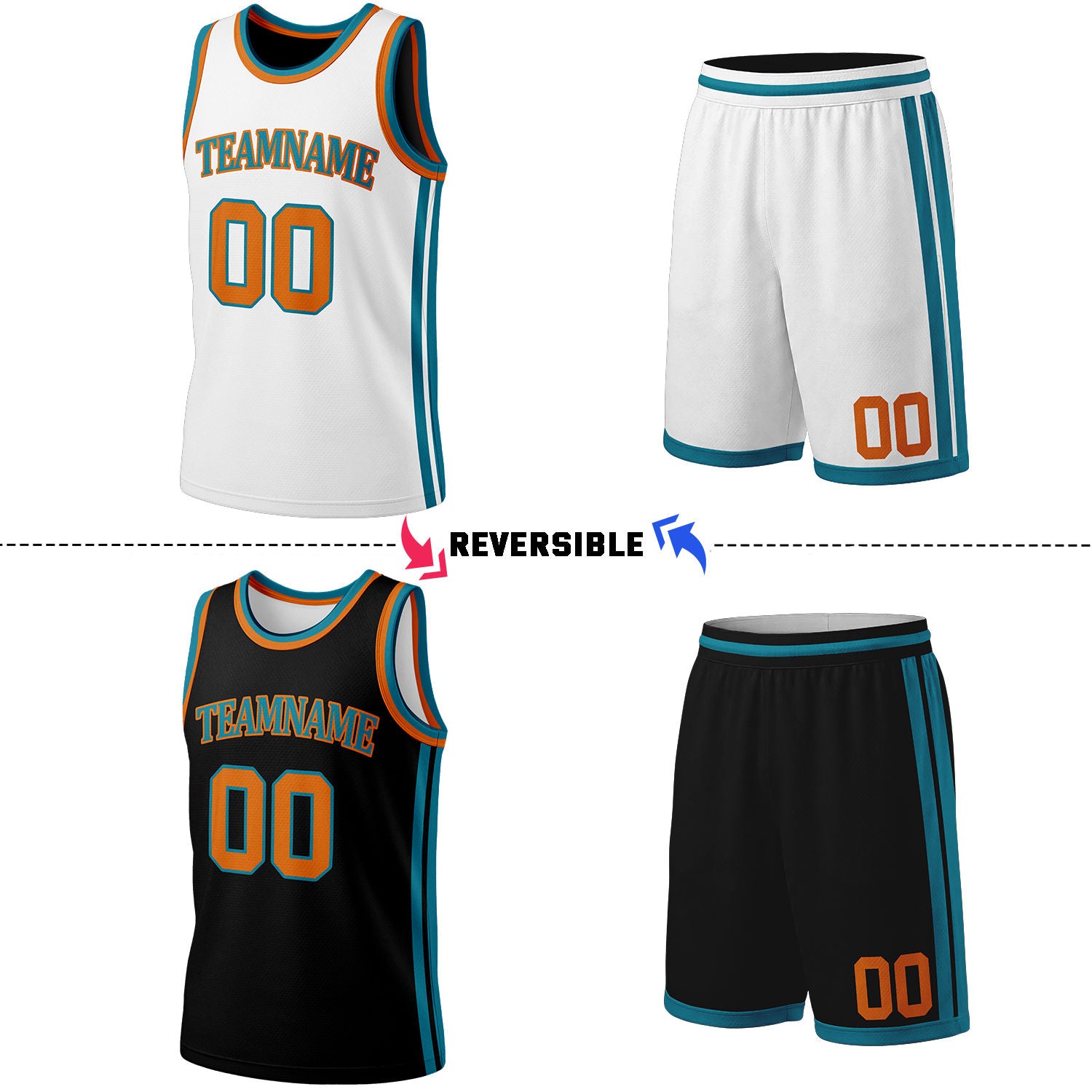 Custom White & Black Reversible Basketball Jersey Shorts Set | Personalized Full Team Uniform