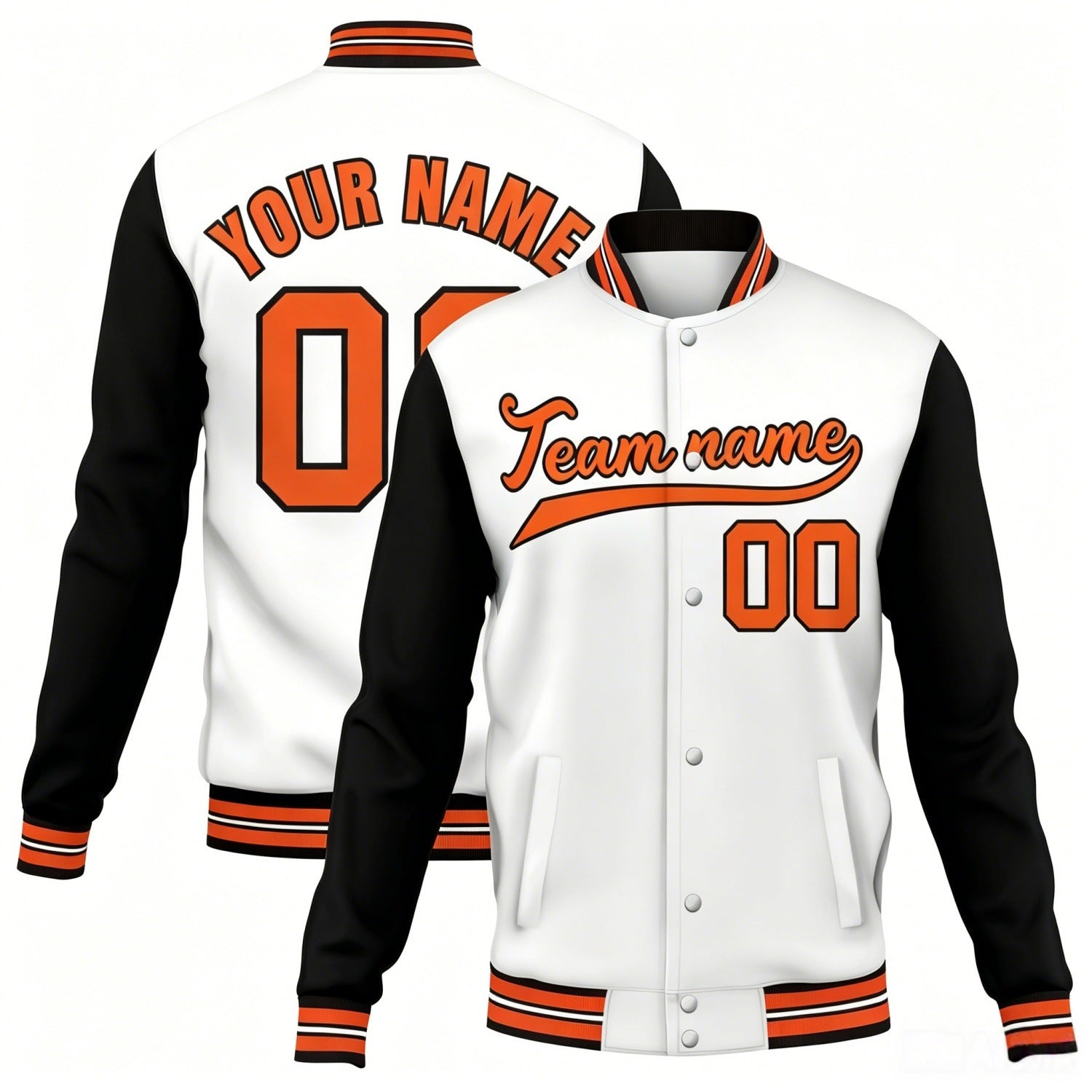 Custom White & Black Contrast Sleeve Varsity Baseball Jacket | Personalized Team Name & Number