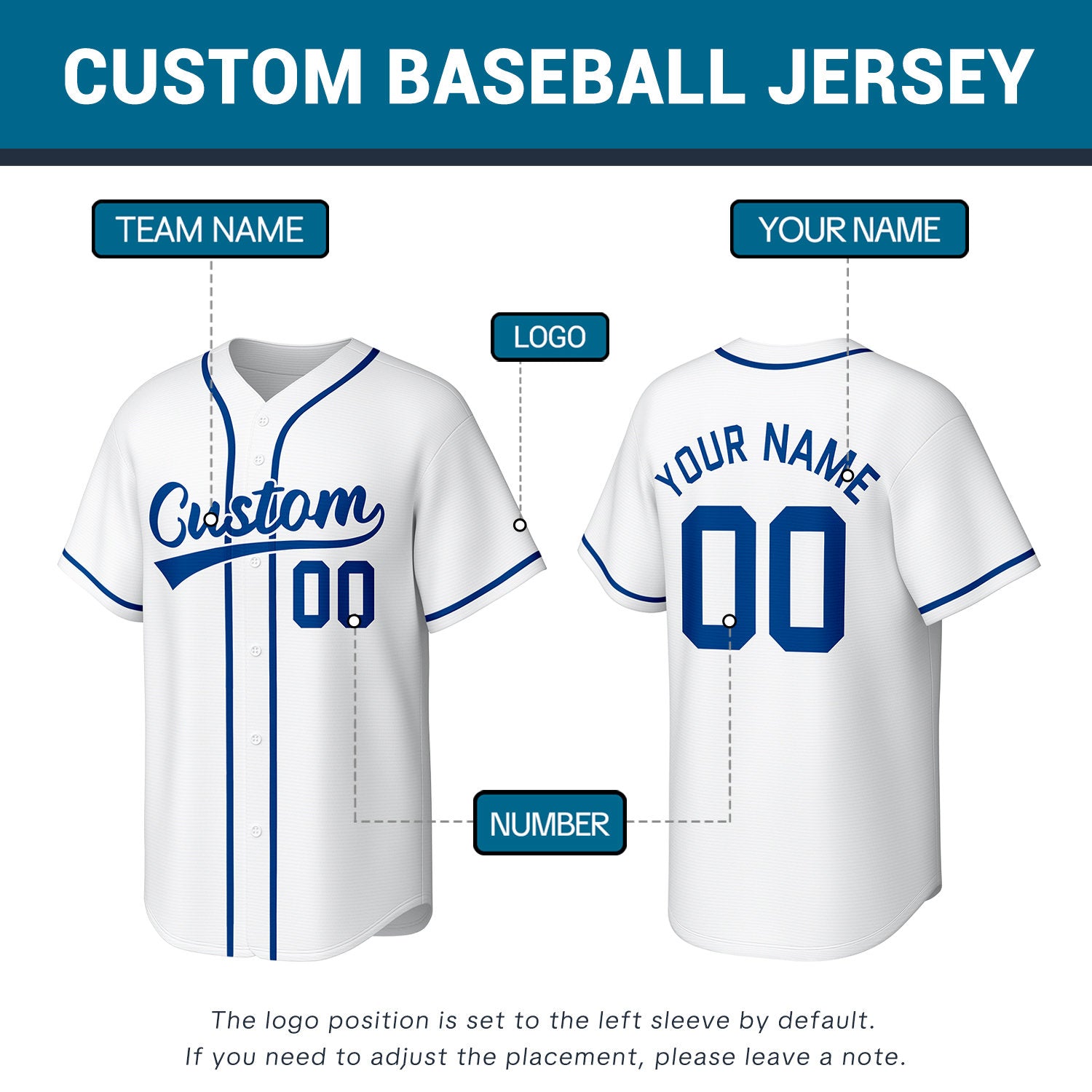 Custom Stitched Baseball Jersey White Blue | Personalized Name & Number | Team Uniform