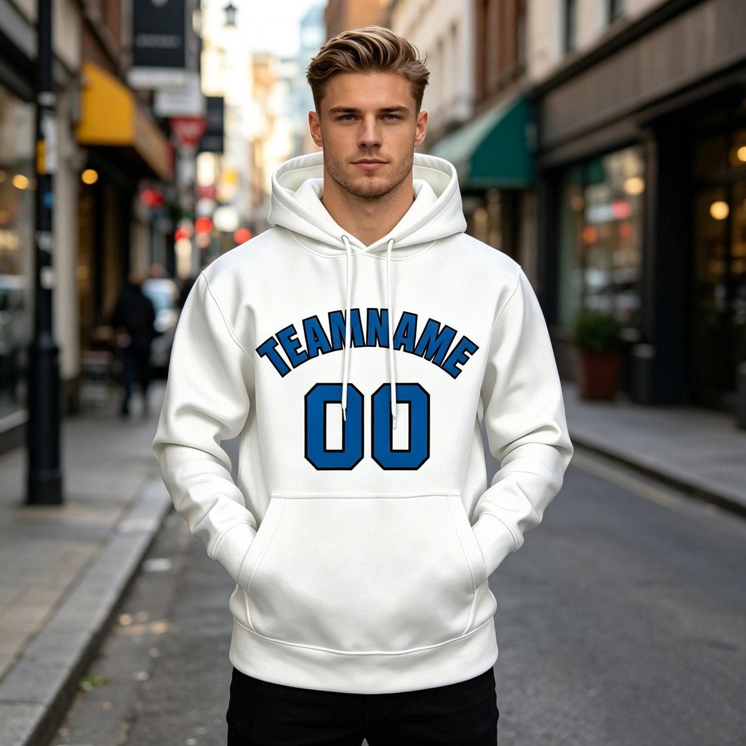 Custom White & Blue Hoodie | Personalized Name & Number Sports Pullover | Vosoli