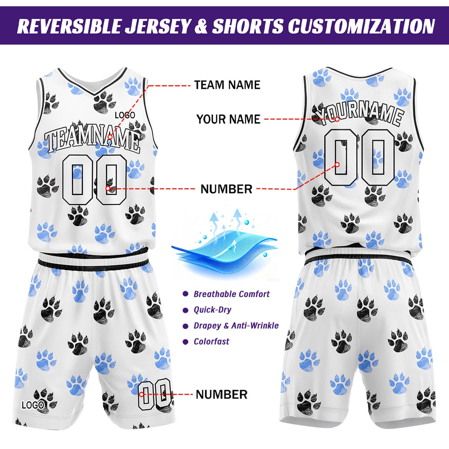 Custom White & Blue Paw Print Basketball Jersey & Shorts Set | Personalized Team Uniform