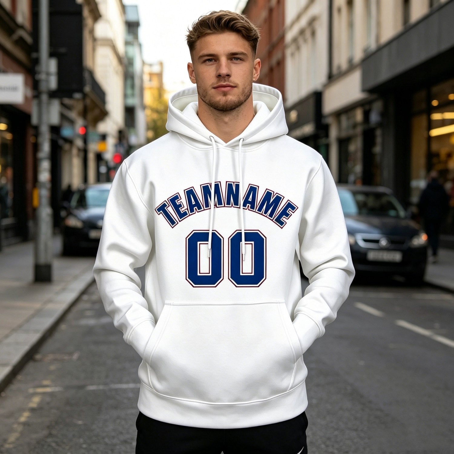 Custom White & Blue Hoodie | Personalized Name & Number Sports Pullover | Vosoli