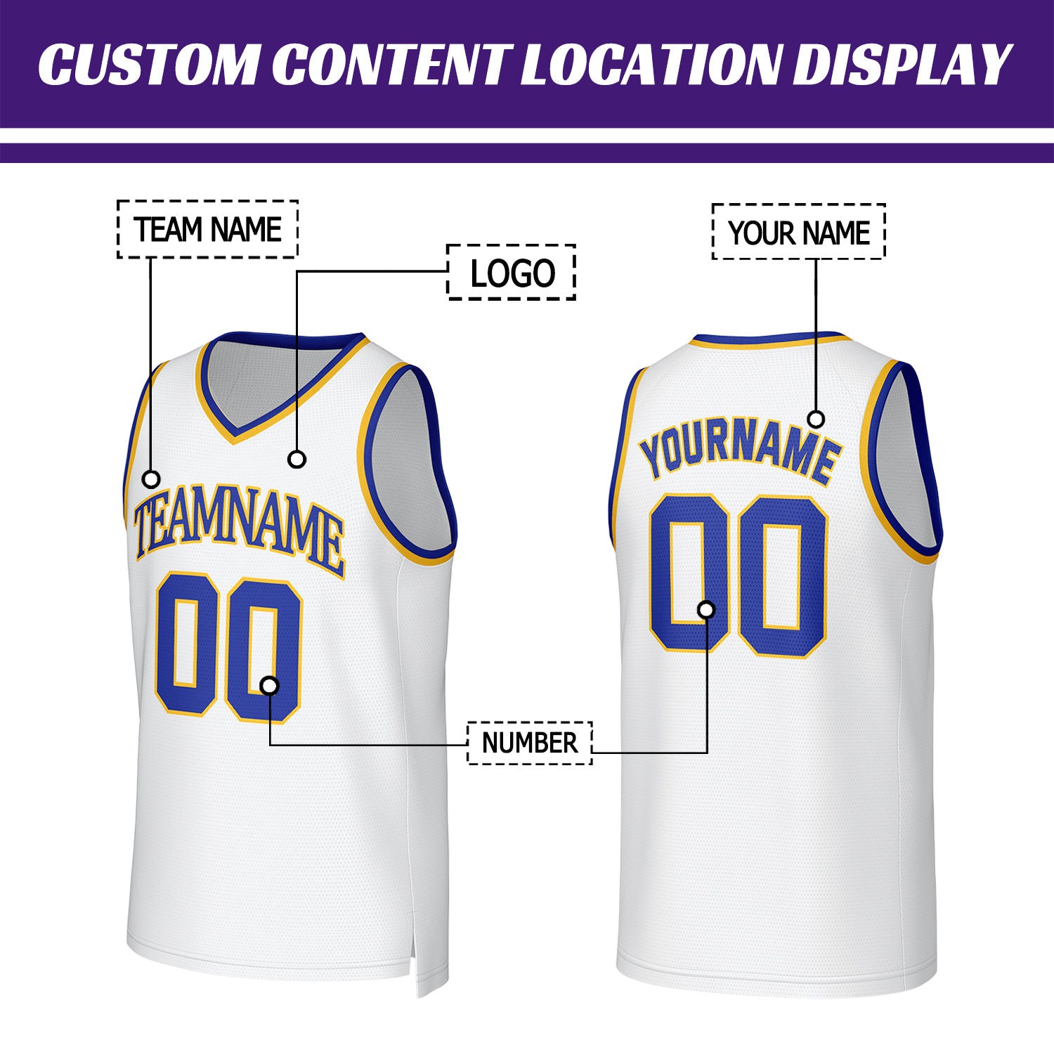 Custom White & Blue Yellow Mesh Basketball Jersey | Personalized Team Uniform for youth & adults