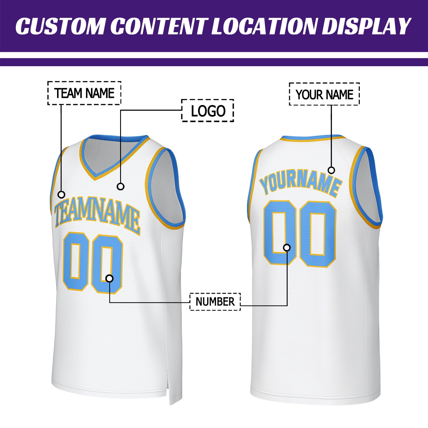 Custom White & Blue Yellow Mesh Basketball Jersey | Personalized Team Uniform for youth & adults
