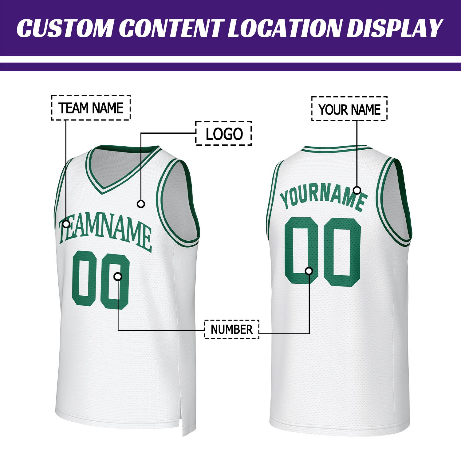 Custom White & Dark Green Mesh Basketball Jersey | Personalized Name & Number Team Uniform