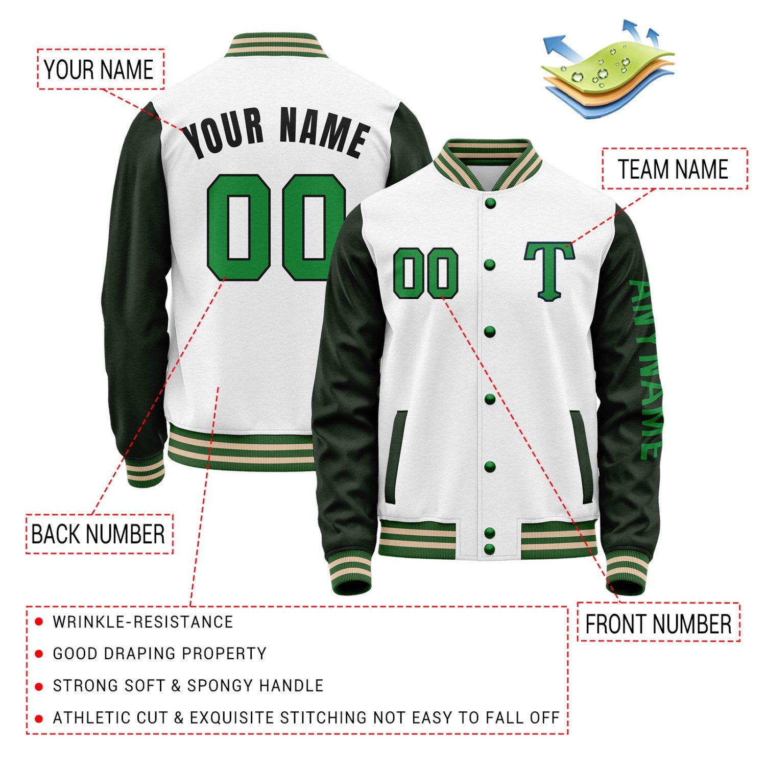 Custom White & Dark Green Varsity Letterman Jacket | Personalized Baseball Bomber Coat for Adult & Youth