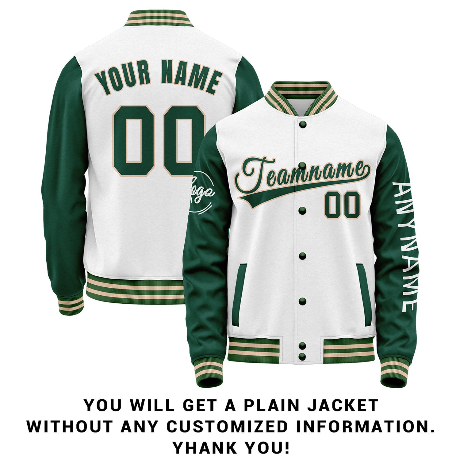 Custom White & Dark Green Two Tone Varsity Letterman Jacket | Personalized Stitched Team Name Number Outerwear