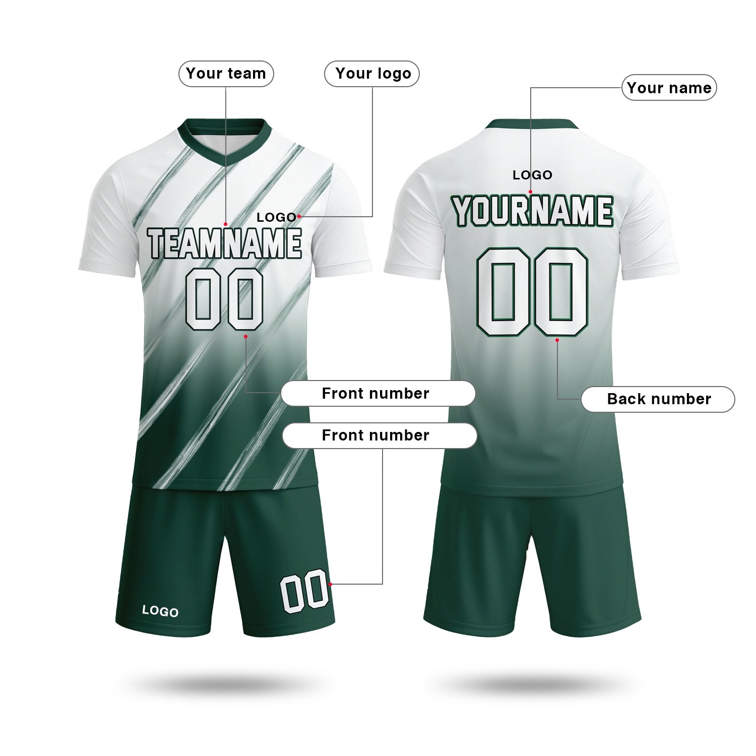 Custom White & Forest Green Gradient Soccer Jersey Set | Personalized Team Uniform | Vosoli