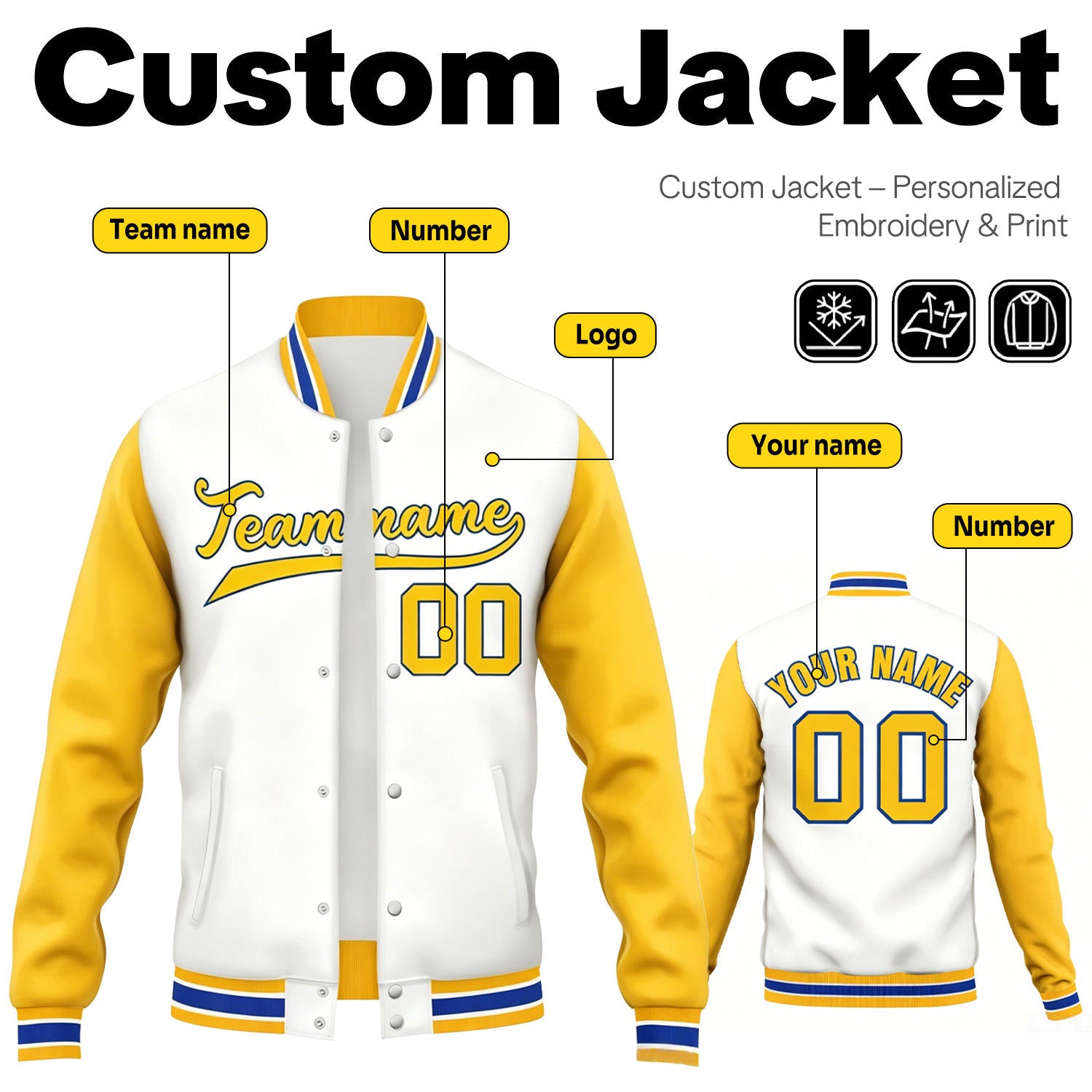 Custom White & Gold Contrast Sleeve Varsity Baseball Jacket | Personalized Team Name & Number