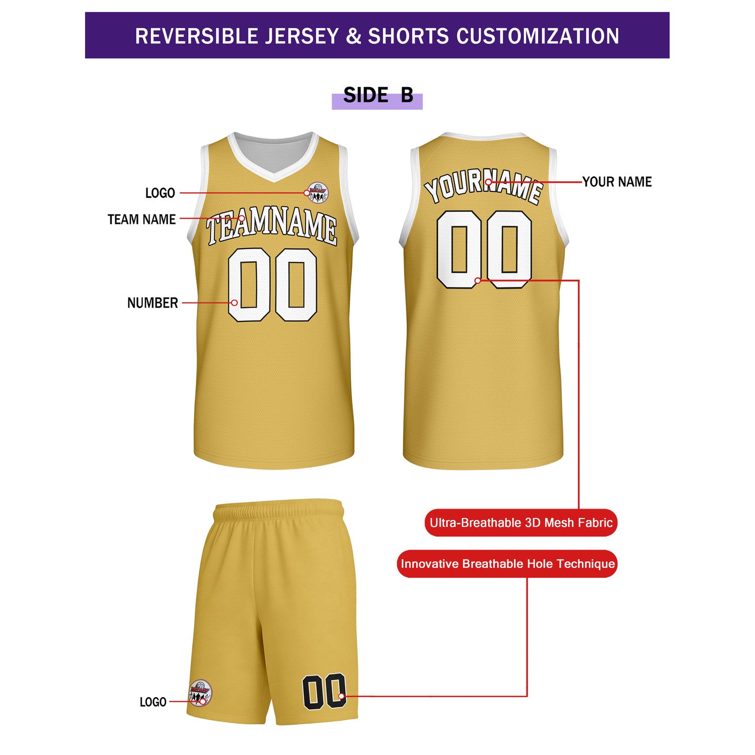 Custom White & Gold Reversible Basketball Uniform Set | Personalized Team Name & Number - Vosoli