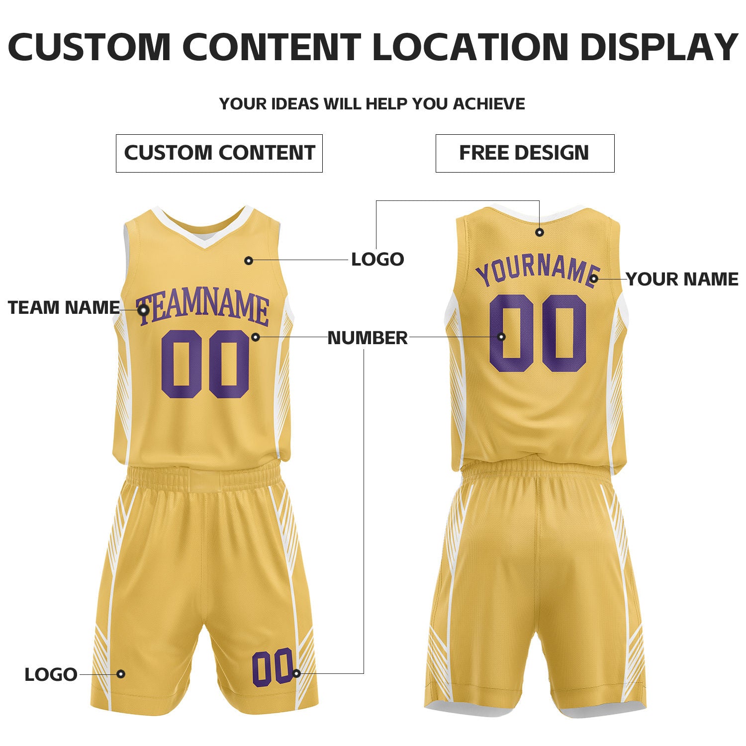 Custom White & Gold Reversible Basketball Uniform Set | Personalized Name Number Sports Jersey Shorts Kit