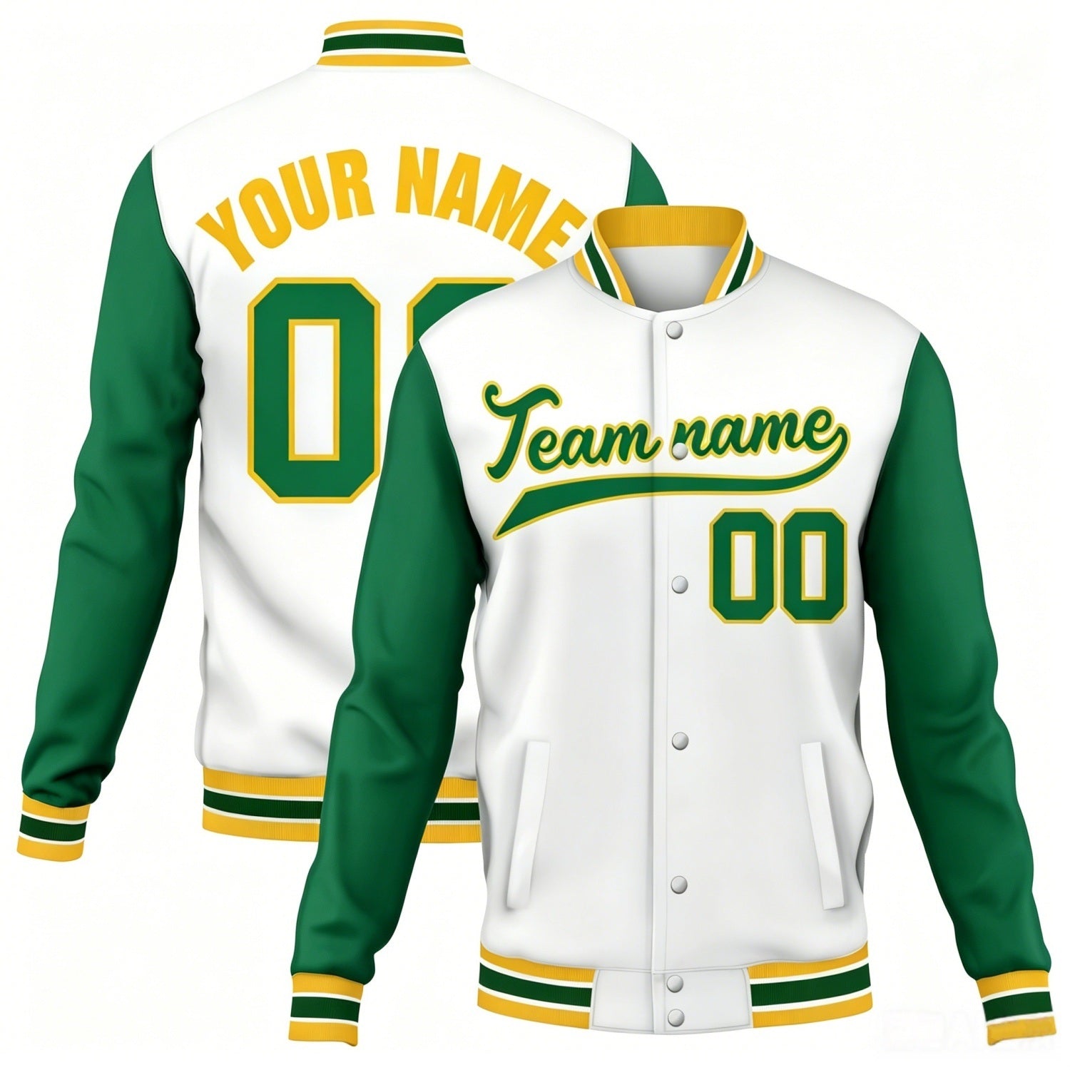 Custom white-green contrast sleeve stitched varsity baseball jacket by Vosoli | Personalized team name & number jacket for youth & adults