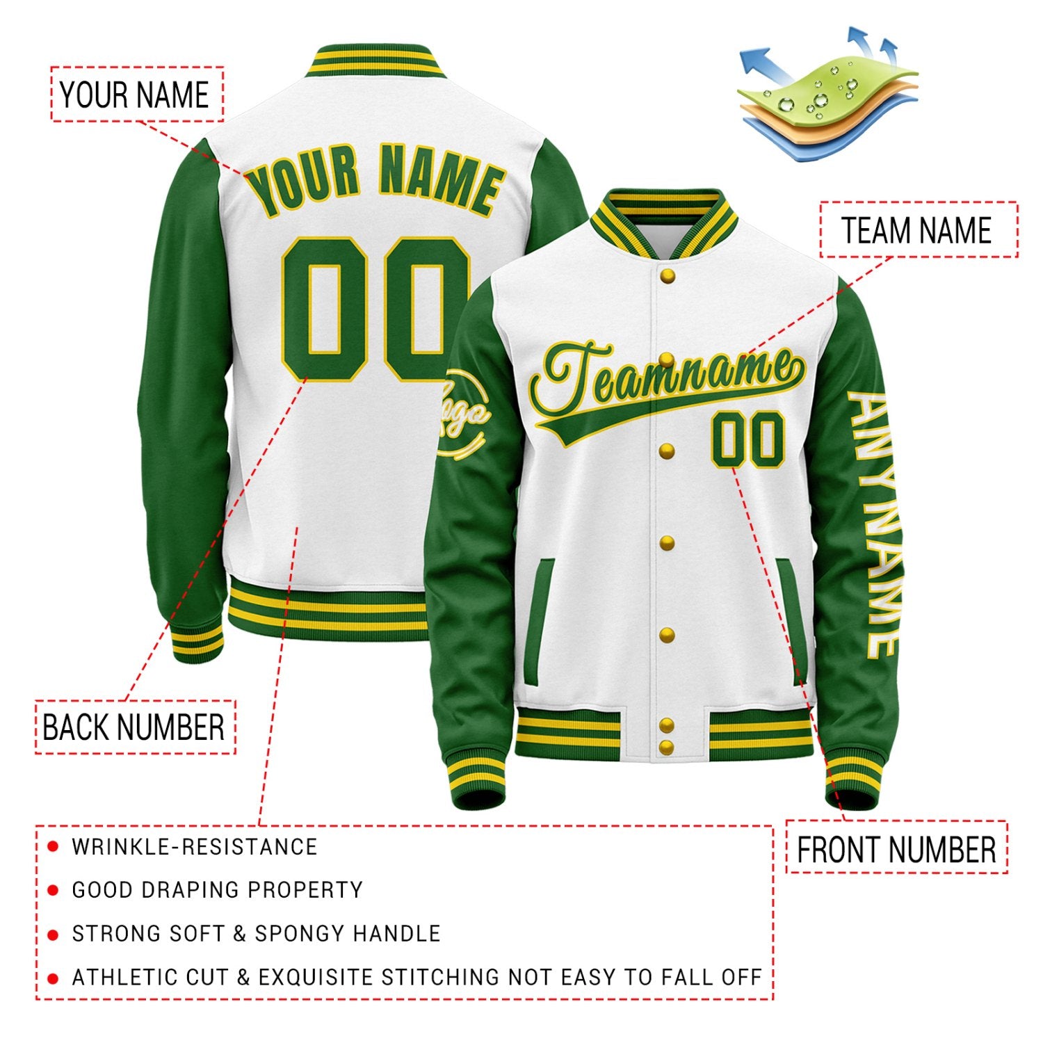 Custom White & Green Two Tone Varsity Letterman Jacket | Personalized Stitched Team Name Number Outerwear