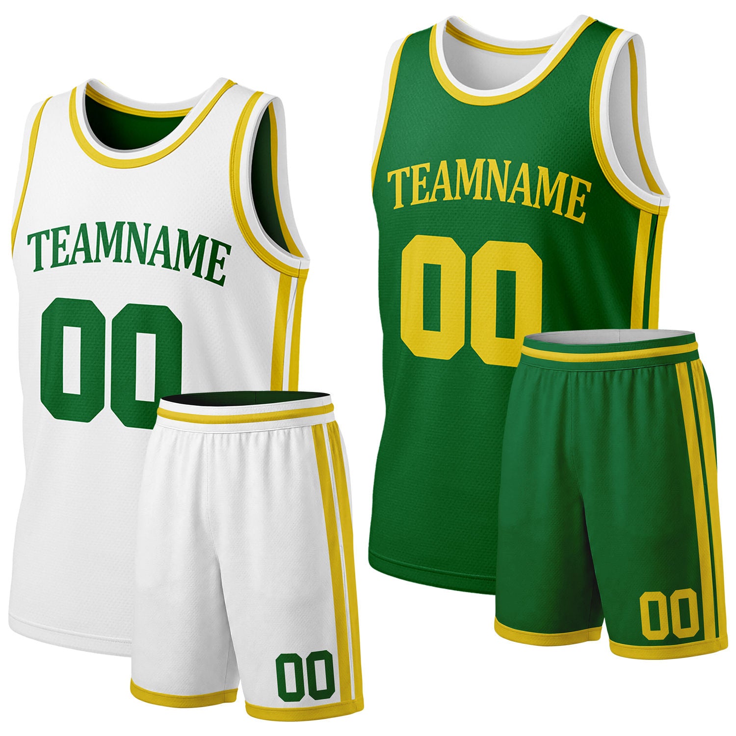 Custom white & green reversible basketball jersey shorts set by Vosoli | Personalized team name & number full team uniform sportswear