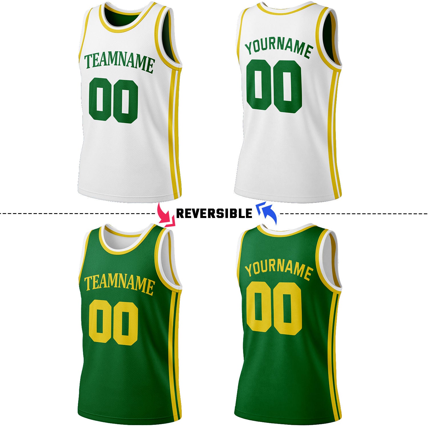 Custom White & Green Reversible Basketball Jersey Shorts Set | Personalized Full Team Uniform