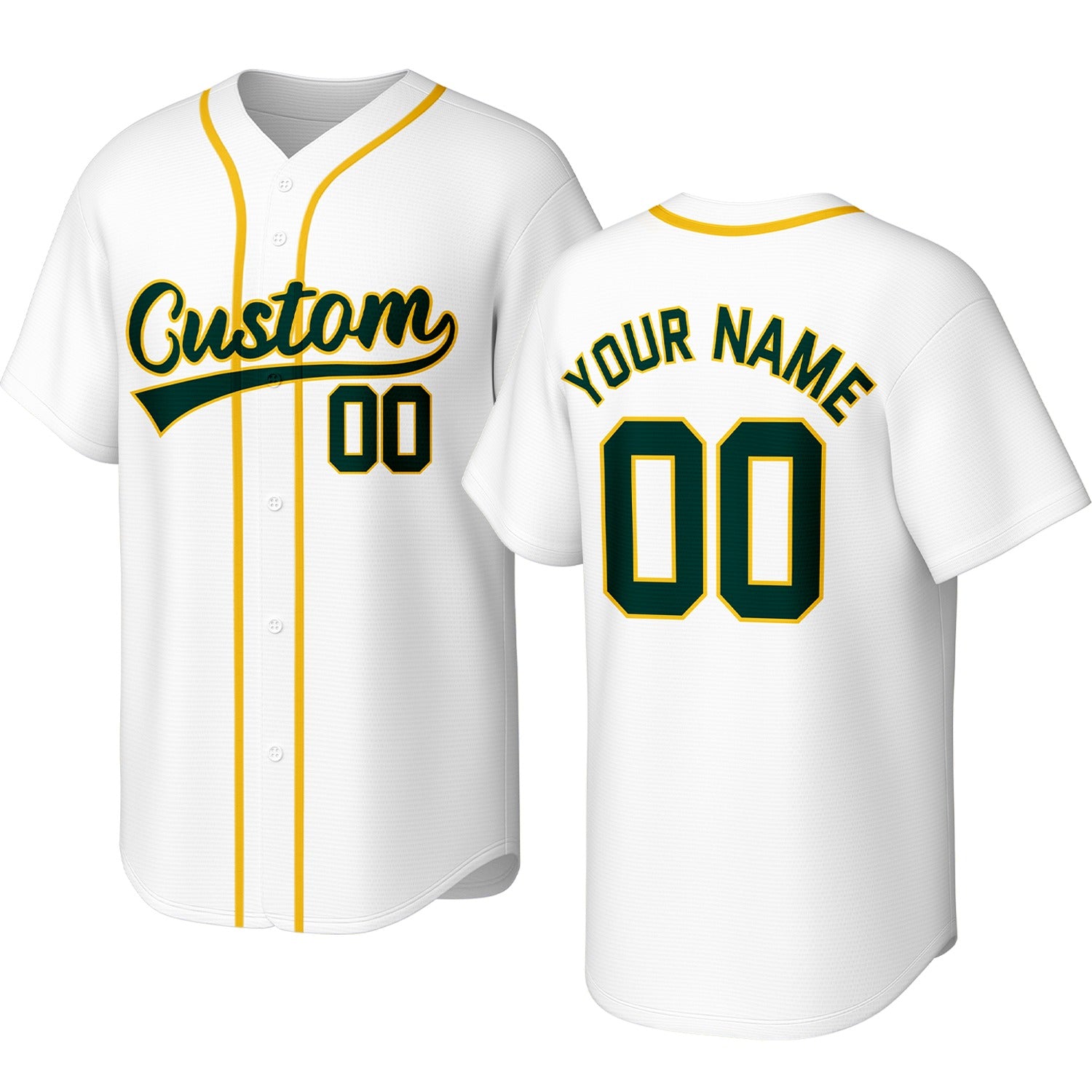 Custom white, green & yellow baseball jersey with logo, personalized name & number, button-front short-sleeve sports uniform for team men women youth game practice - Vosoli