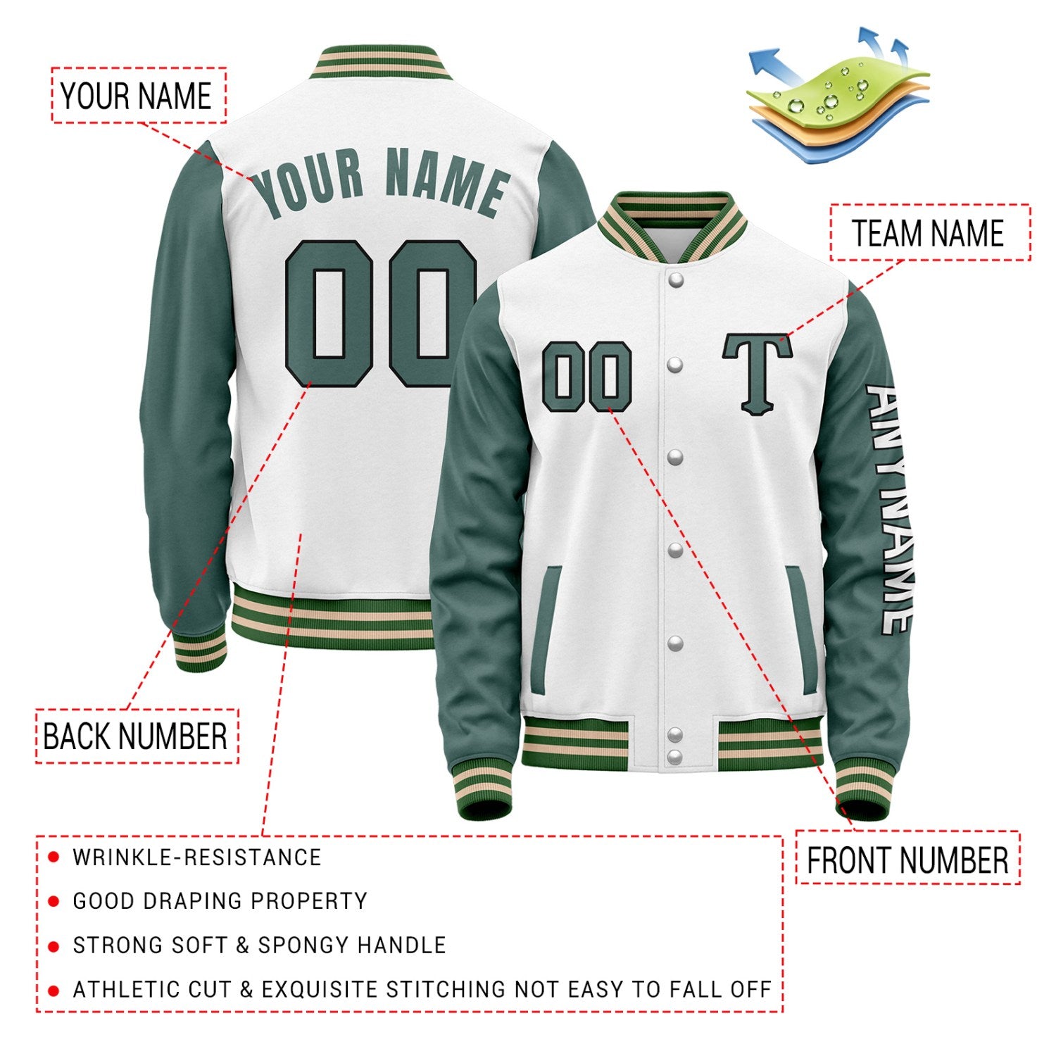 Custom White & Green Varsity Letterman Jacket | Personalized Baseball Bomber Coat for Adult & Youth
