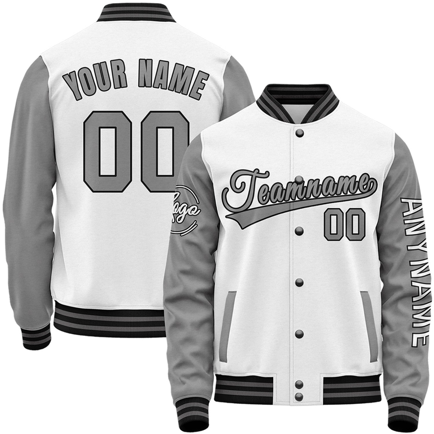 Custom white and grey high school baseball team jackets by Vosoli with stitched name, number and logo. Classic varsity jacket for baseball and casual wear.
