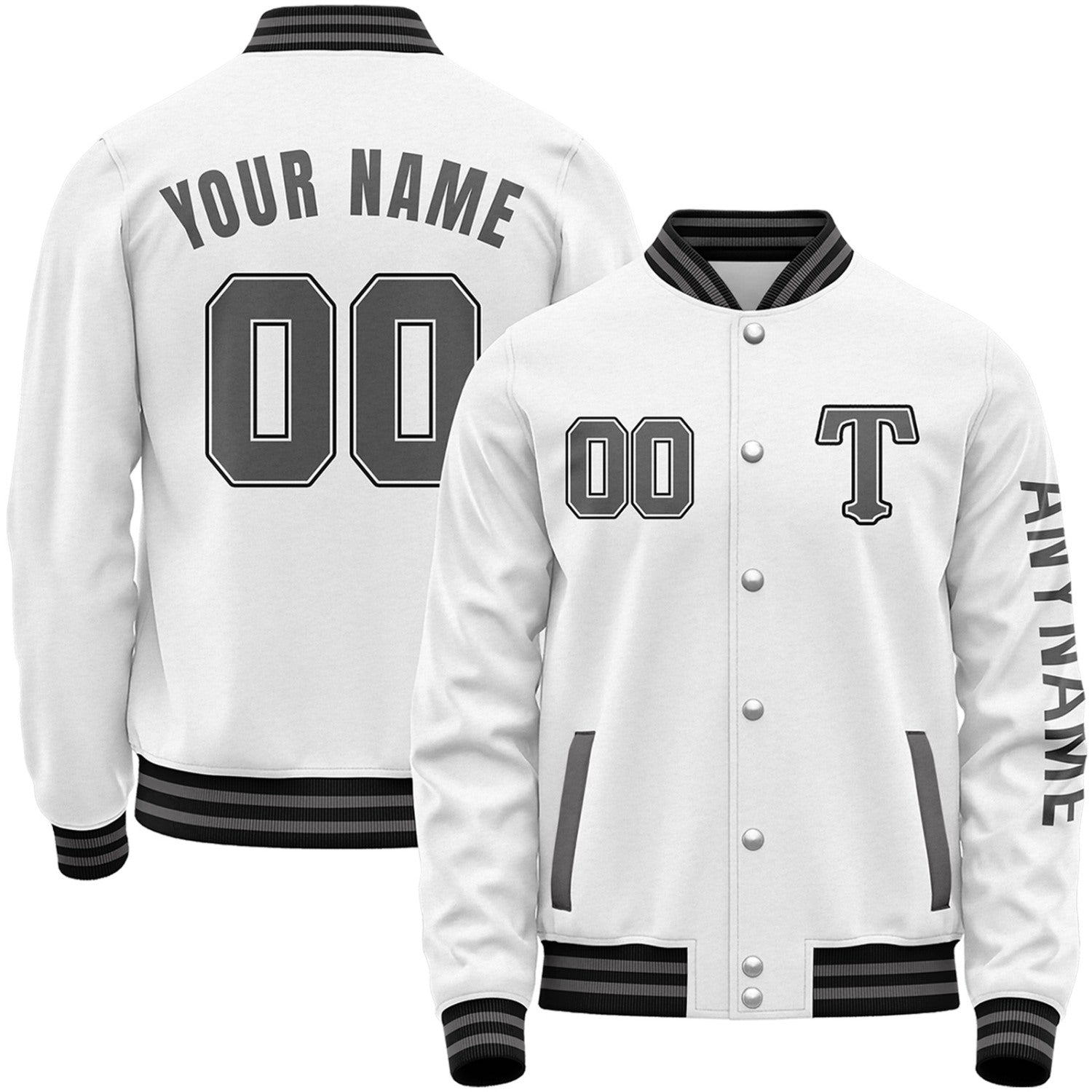 Custom white and grey youth baseball varsity jacket by Vosoli with stitched name, number and logo. Classic varsity jacket for baseball and casual wear.