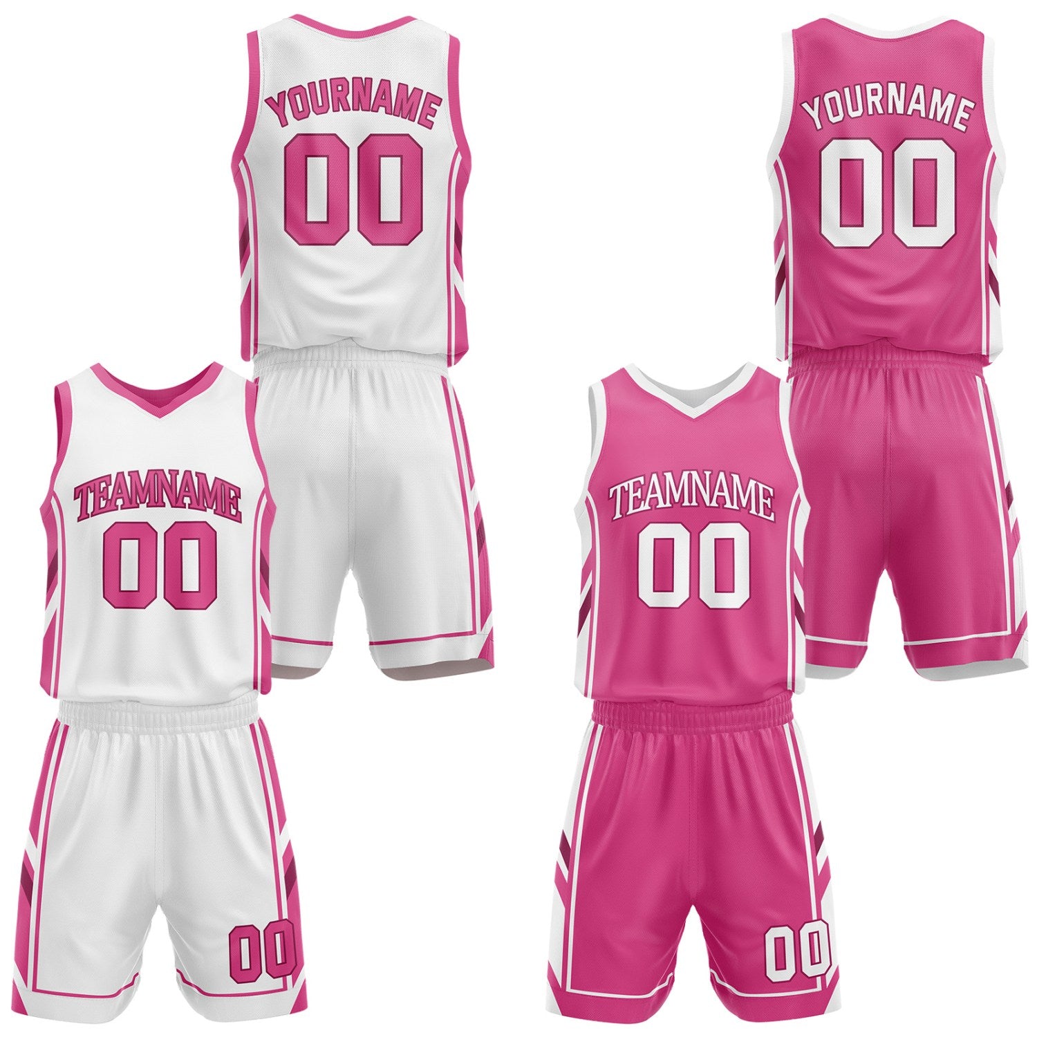 Custom white & hot pink reversible basketball uniform set by Vosoli | Personalized team name, number & logo | Breathable mesh jersey and shorts sport set