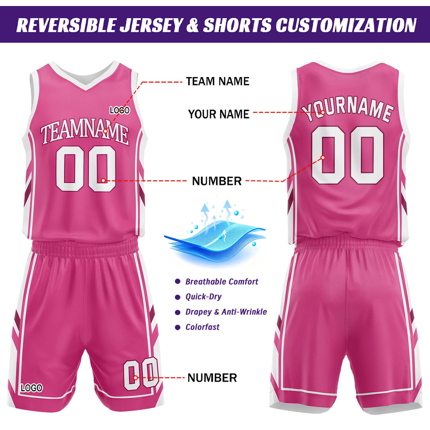 Custom White & Hot Pink Reversible Basketball Uniform Set | Personalized Name Number Sports Jersey Shorts Kit