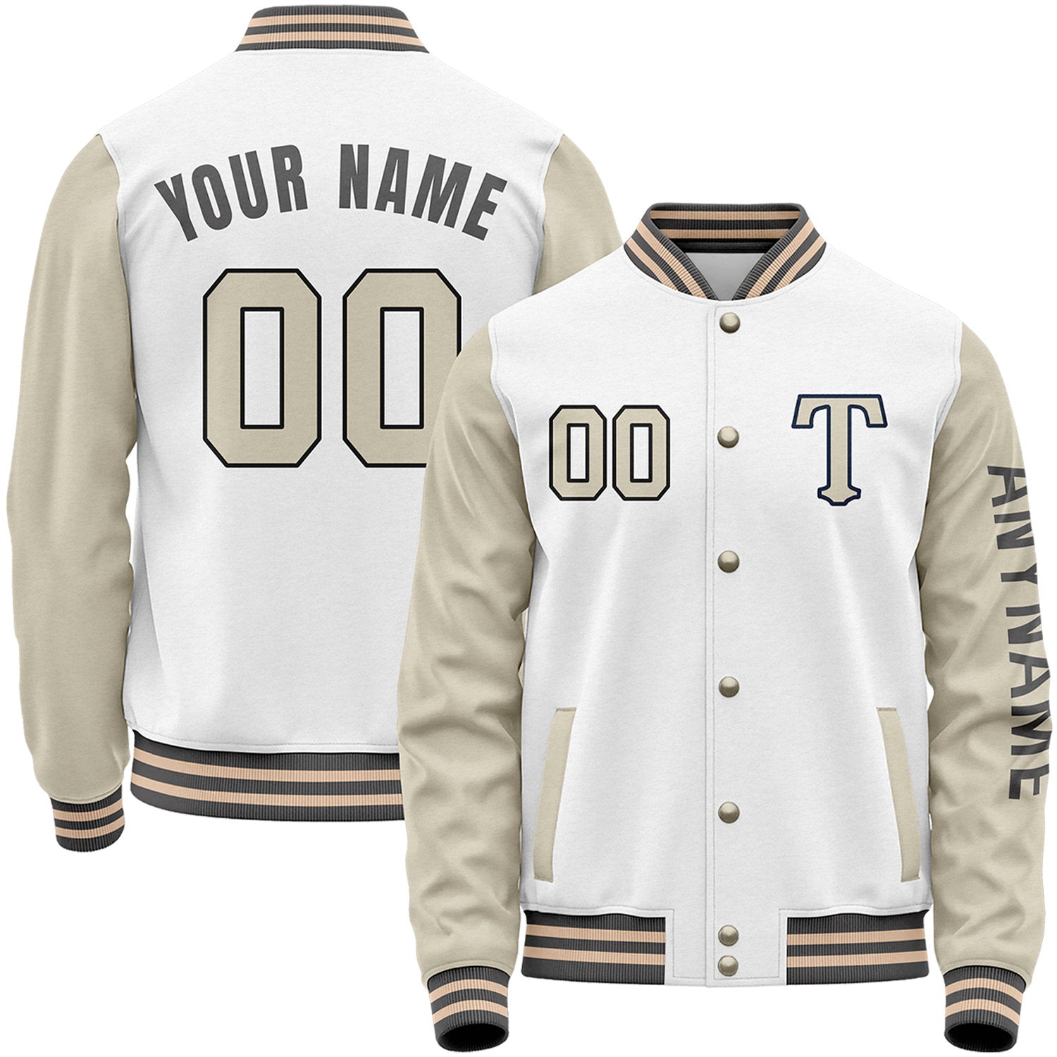 Custom white and khaki baseball jackets for teams by Vosoli with stitched name, number and logo. Classic varsity jackets for baseball and casual wear.
