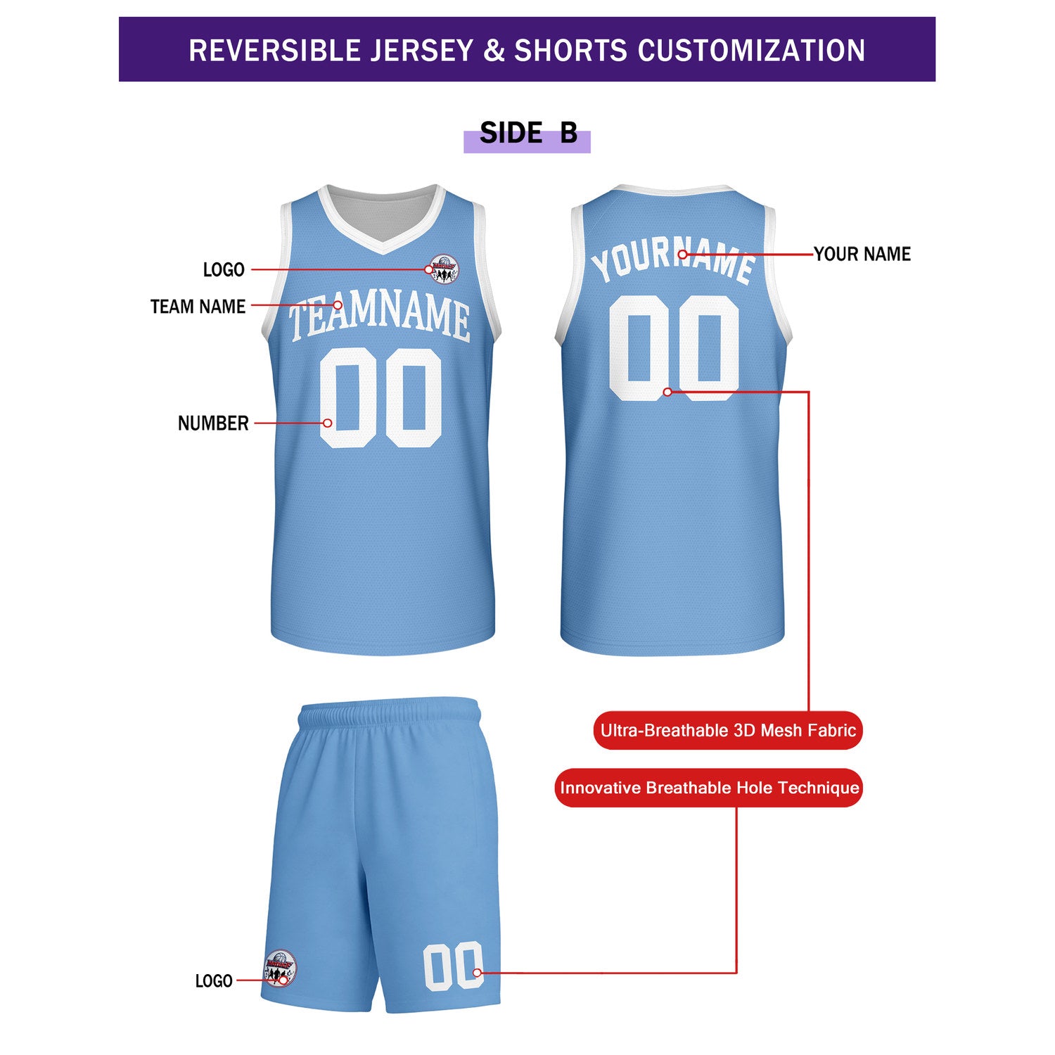 Custom White & Light Blue Reversible Basketball Uniform Set | Personalized Team Name & Number - Vosoli
