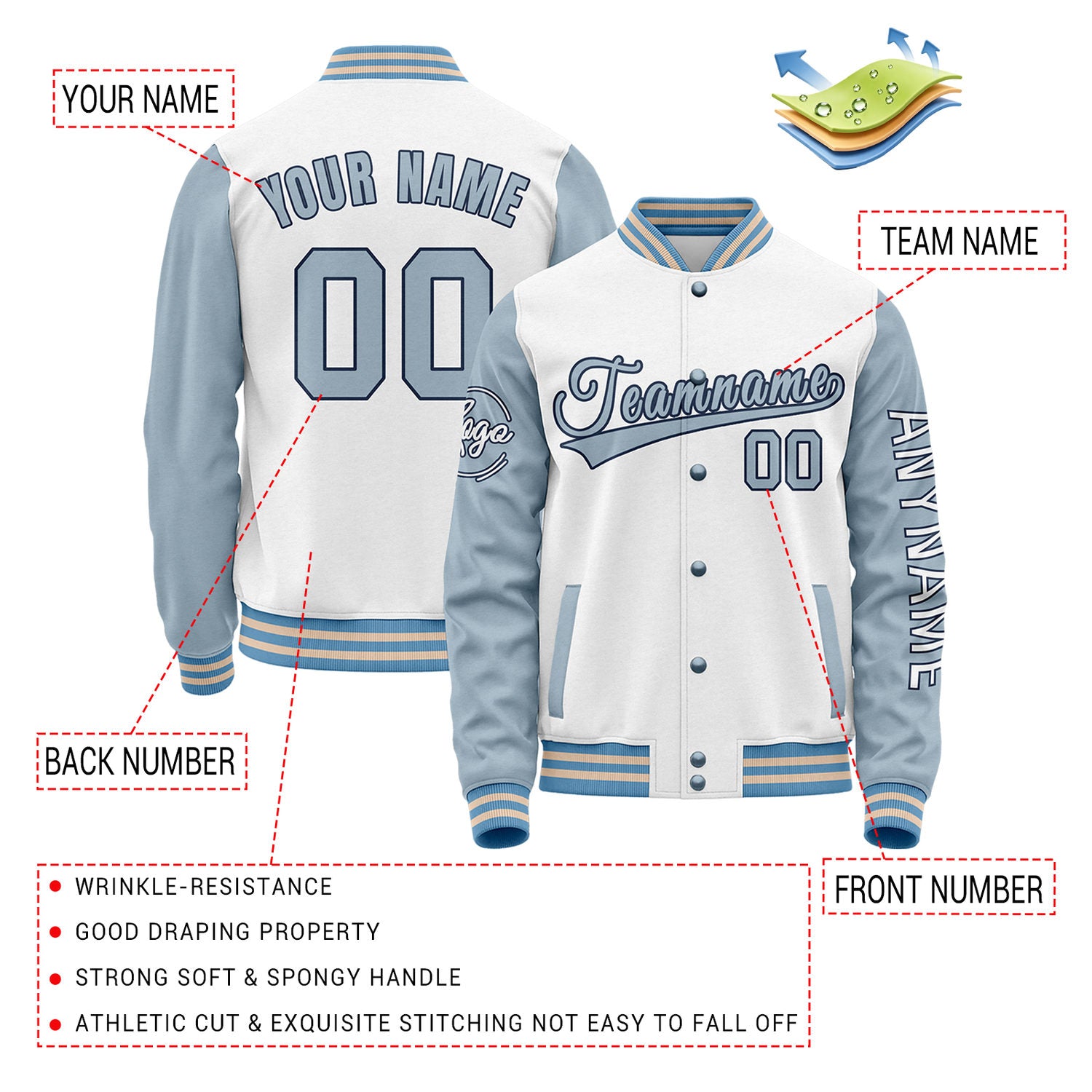 Custom White & Light Blue Two Tone Varsity Letterman Jacket | Personalized Stitched Team Name Number Outerwear