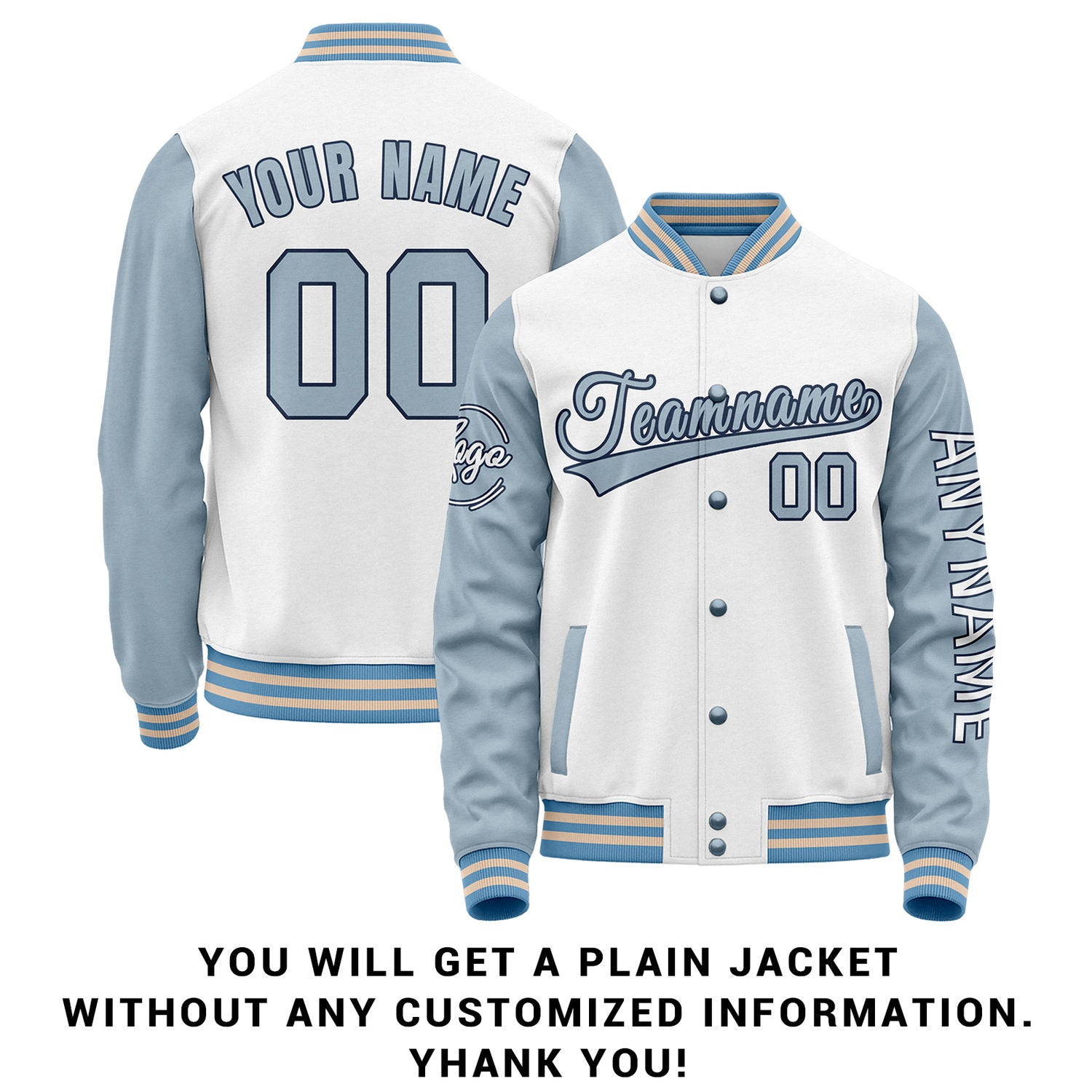 Custom White & Light Blue Two Tone Varsity Letterman Jacket | Personalized Stitched Team Name Number Outerwear