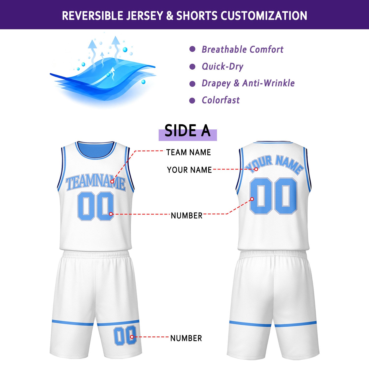 Custom White & Light Blue Reversible Basketball Jersey Shorts Set | Personalized Team Uniform