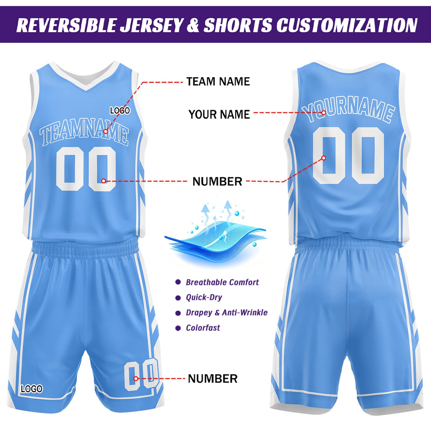 Custom White & Light Blue Reversible Basketball Uniform Set | Personalized Name Number Sports Jersey Shorts Kit
