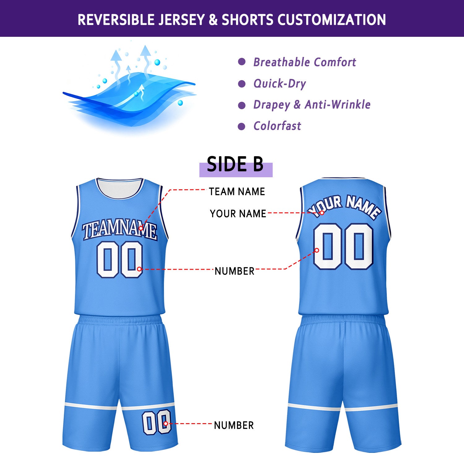 Custom White & Light Blue Reversible Basketball Jersey Shorts Set | Personalized Team Uniform