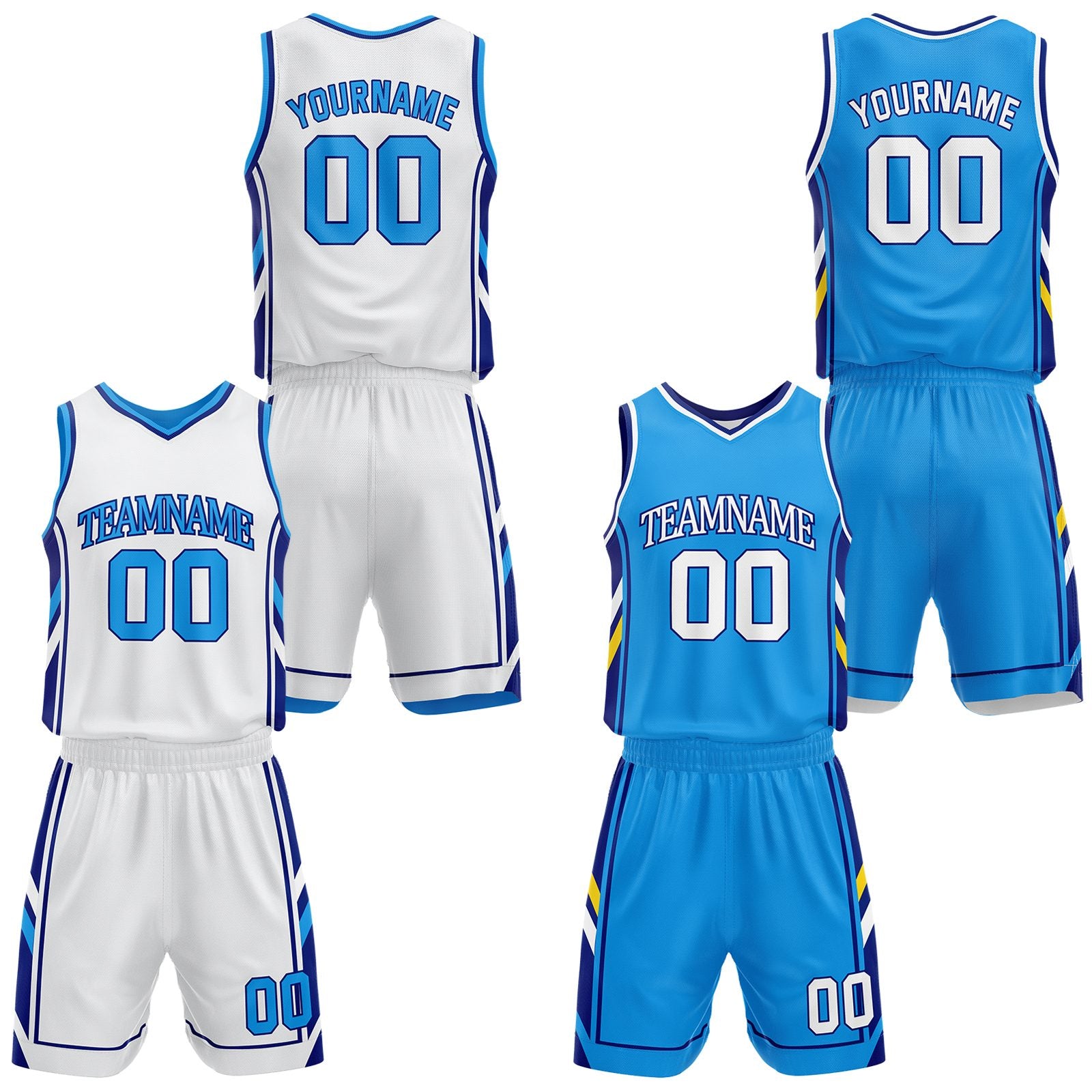 Custom white and light blue reversible basketball uniform by Vosoli. Personalized with team name, number, and logo. Breathable mesh jersey and shorts for high school, college, and AAU teams.