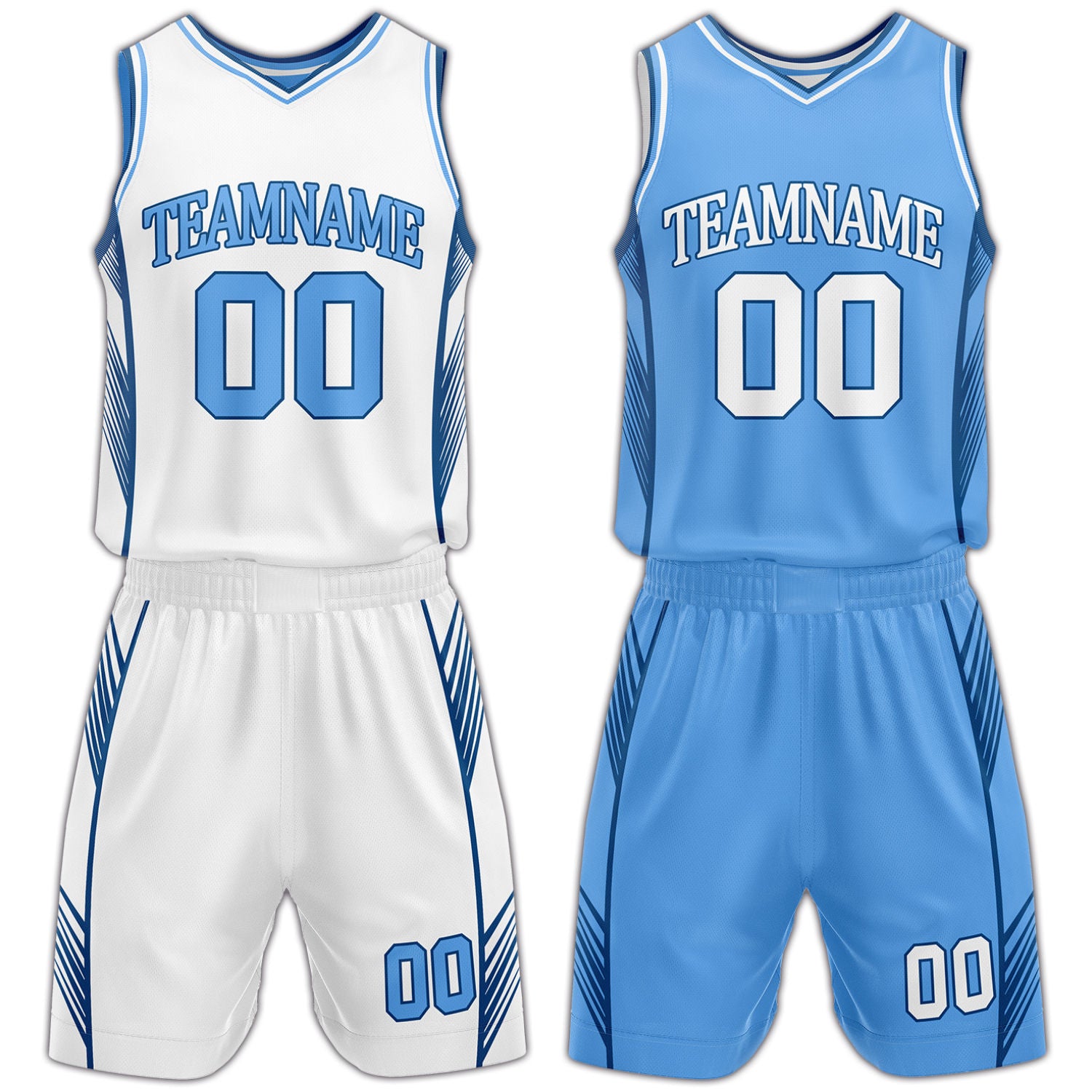 Custom white and light blue reversible basketball uniform by Vosoli. Personalized with team name, number, and logo. Breathable mesh jersey and shorts for high school, college, and AAU teams.