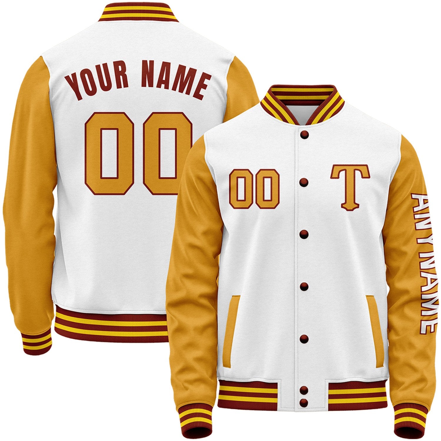 Custom white and mustard yellow baseball jacket for boys by Vosoli with stitched name, number and logo. Classic varsity jacket for baseball and casual wear.