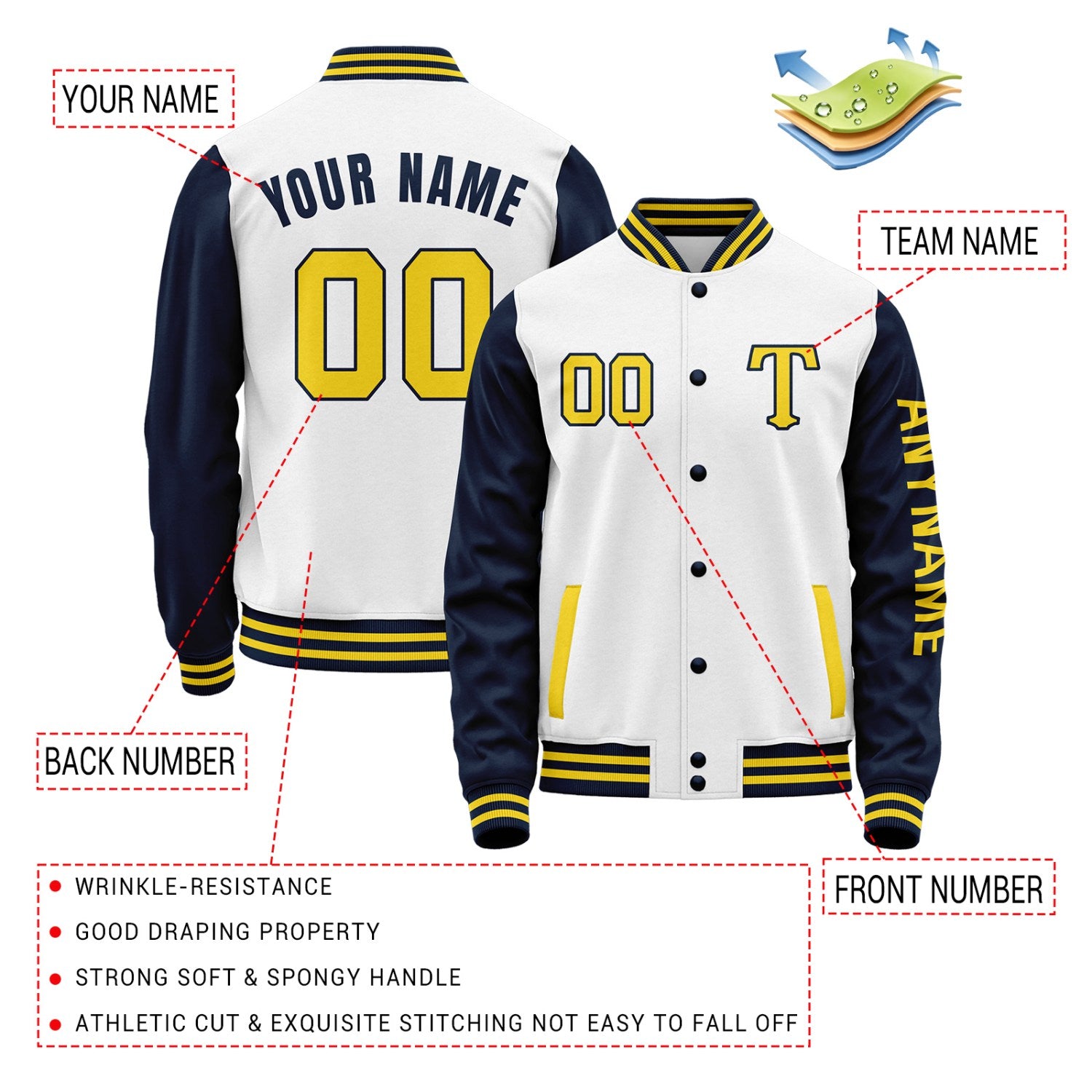 Custom White & Navy Blue Varsity Letterman Jacket | Personalized Baseball Bomber Coat for Adult & Youth