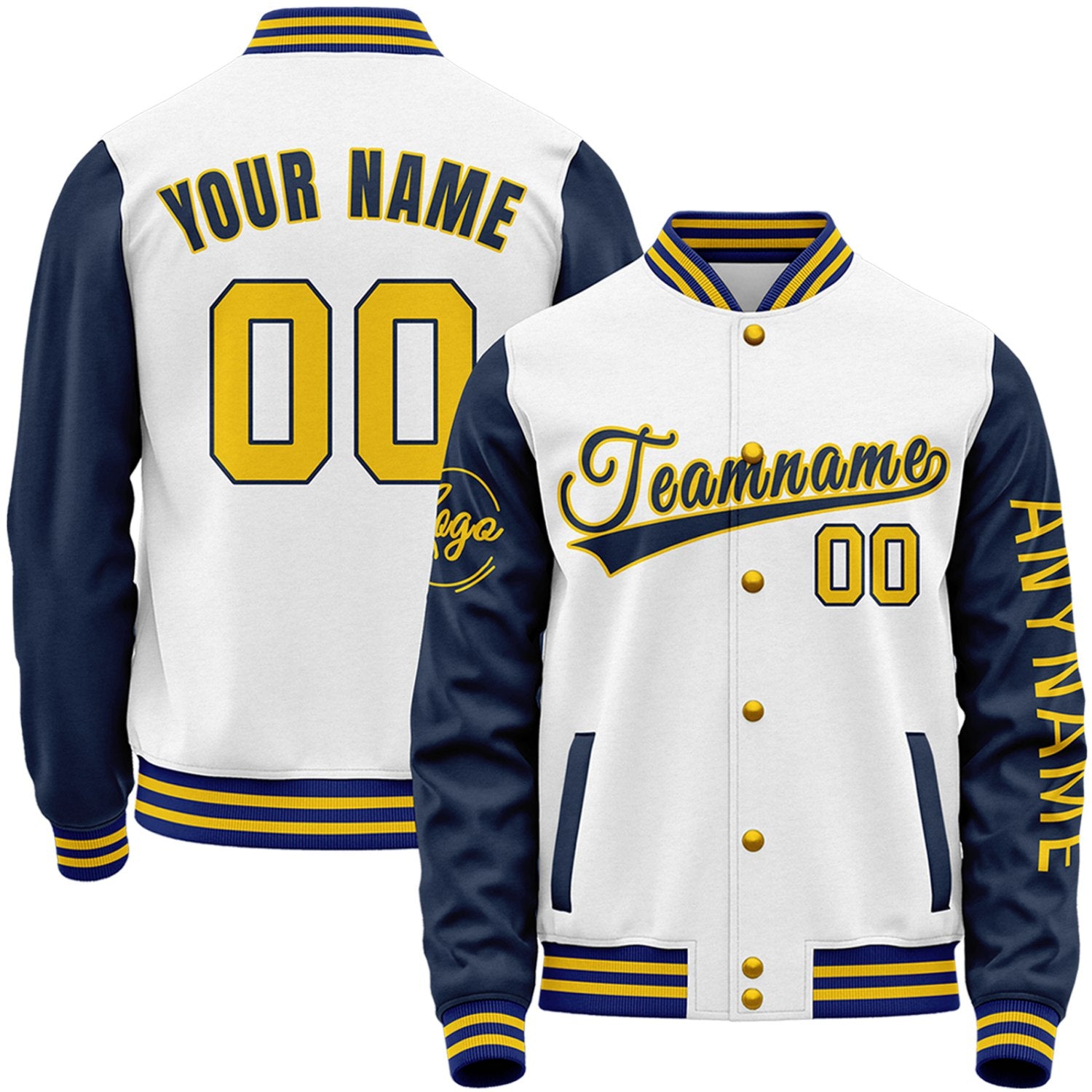 Custom white and navy high school baseball varsity jacket by Vosoli with stitched name, number and logo. Classic varsity jacket for baseball and casual wear.