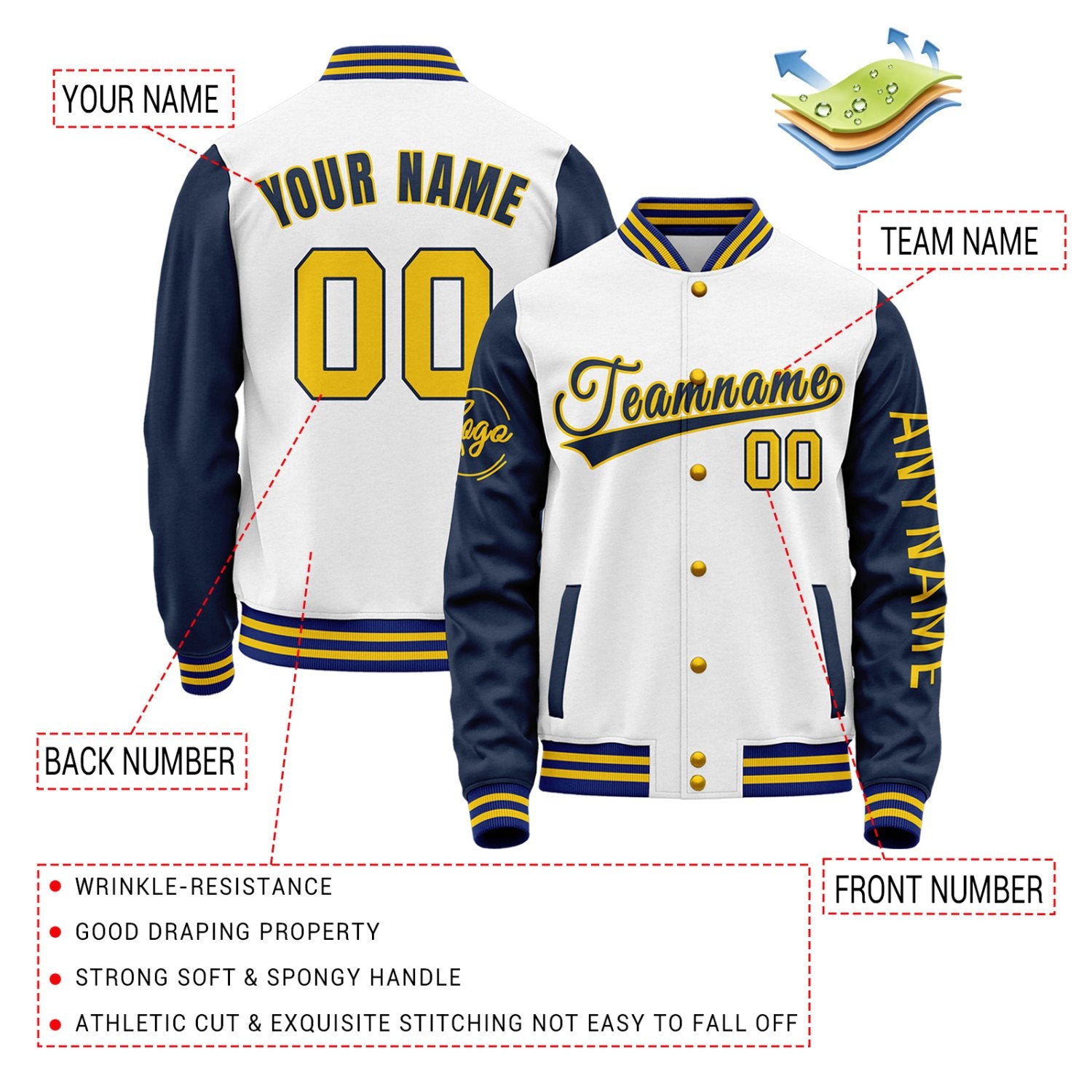 Custom White & Navy Two Tone Varsity Letterman Jacket | Personalized Stitched Team Name Number Outerwear