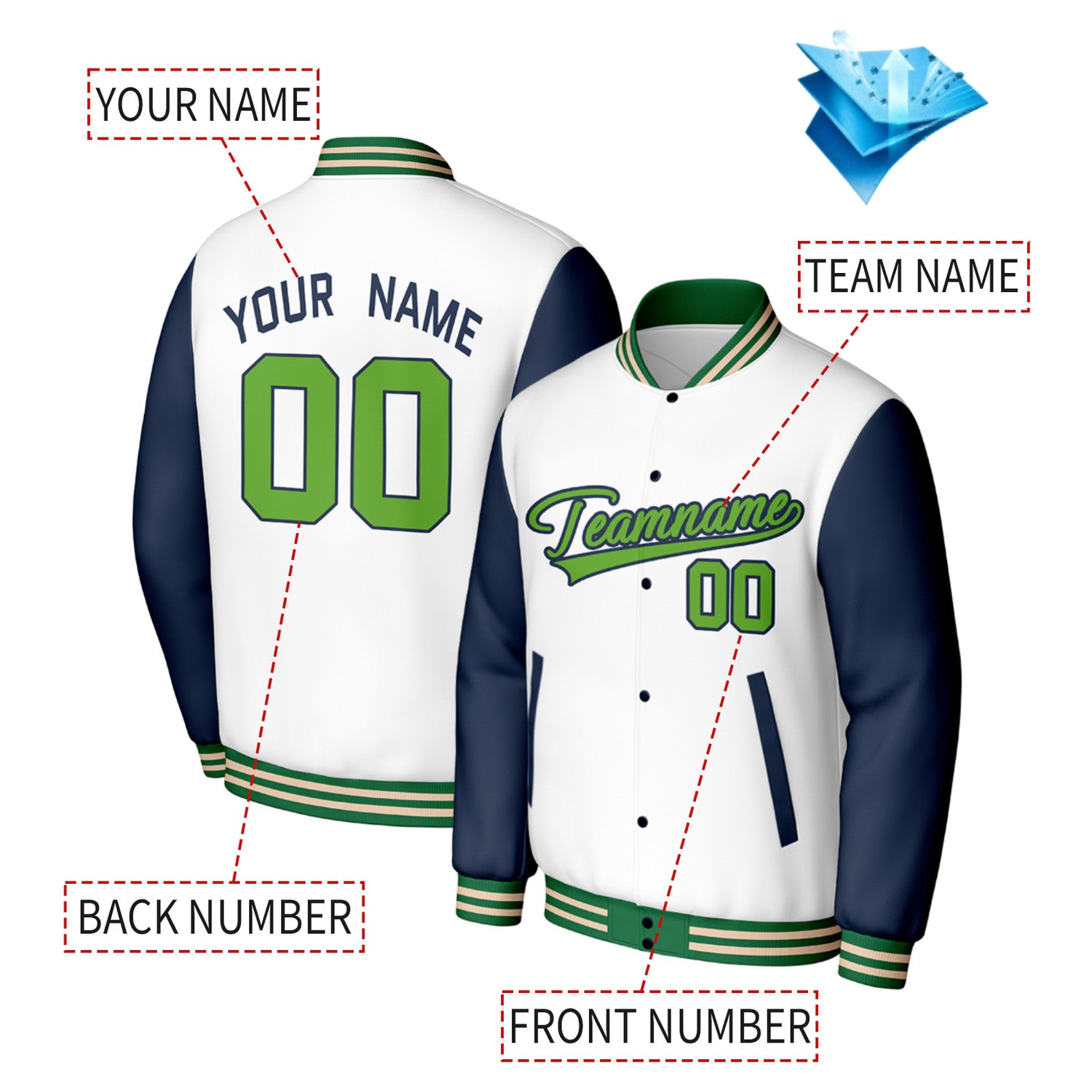 Custom White & Navy Varsity Baseball Jacket | Personalized Jacket with Stitched Name & Number for Adult & Youth