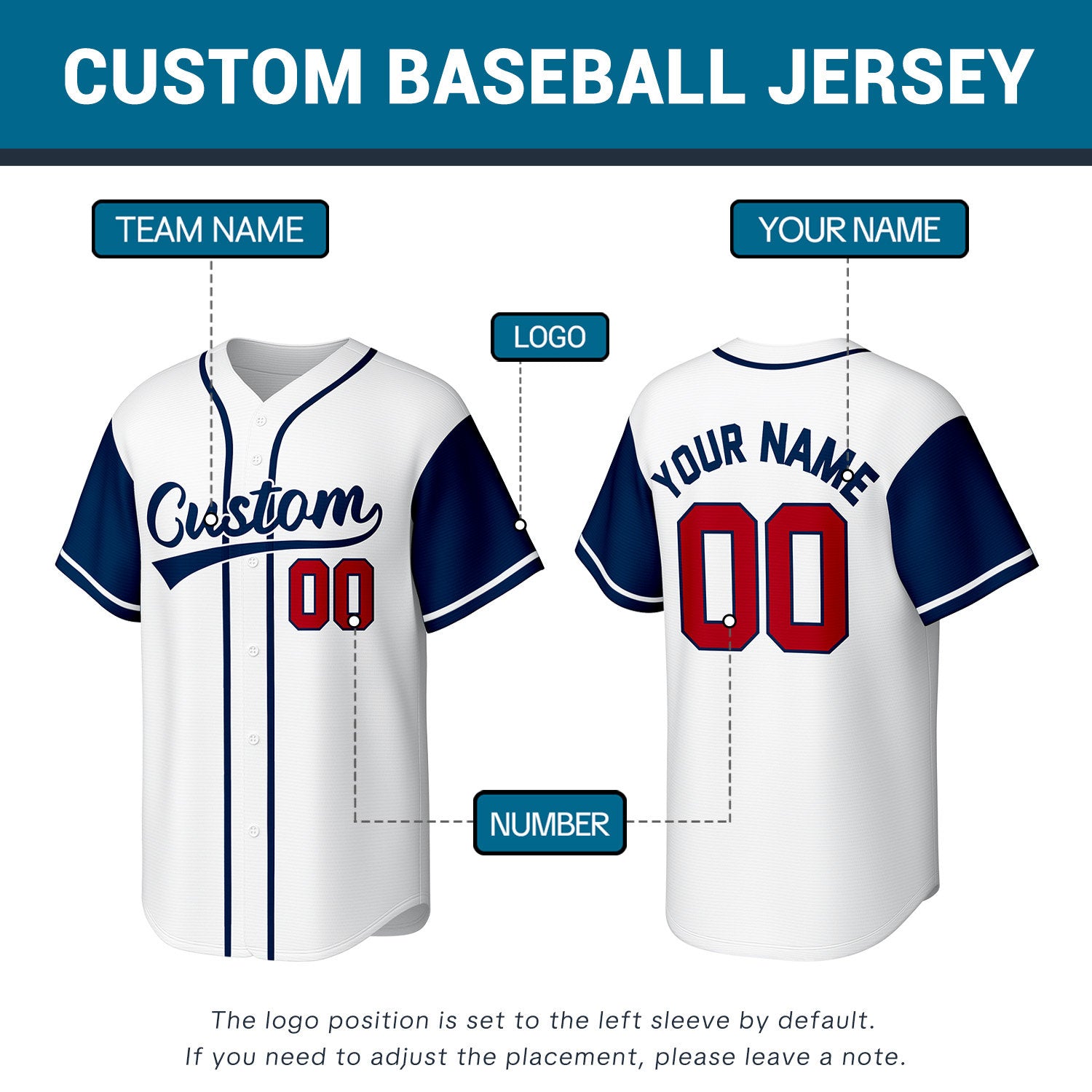 Custom White Navy & Red Personalized Baseball Jersey | Team Sports Uniform | Vosoli