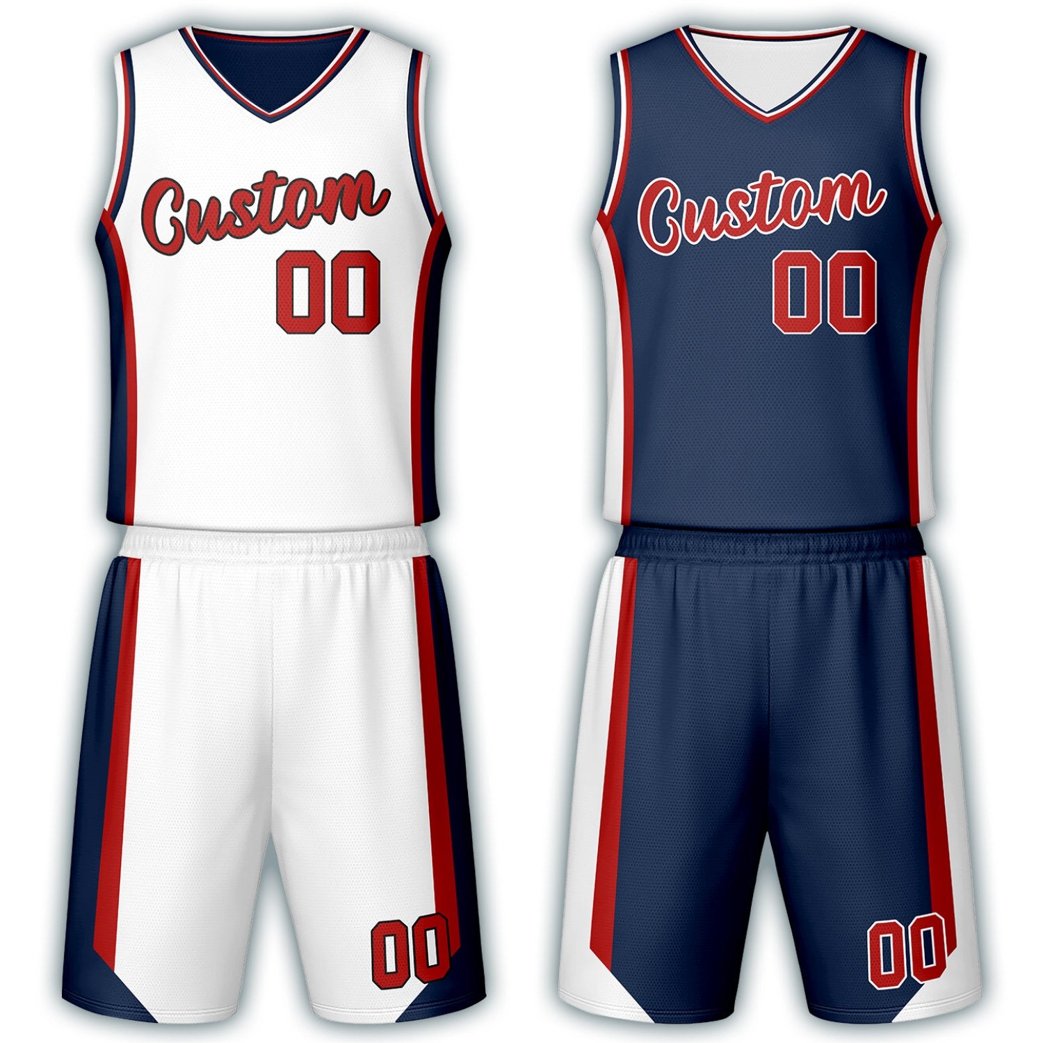 Custom white & navy reversible basketball jersey set with shorts by Vosoli | Personalized team name, number & logo | Breathable mesh sport jersey uniform