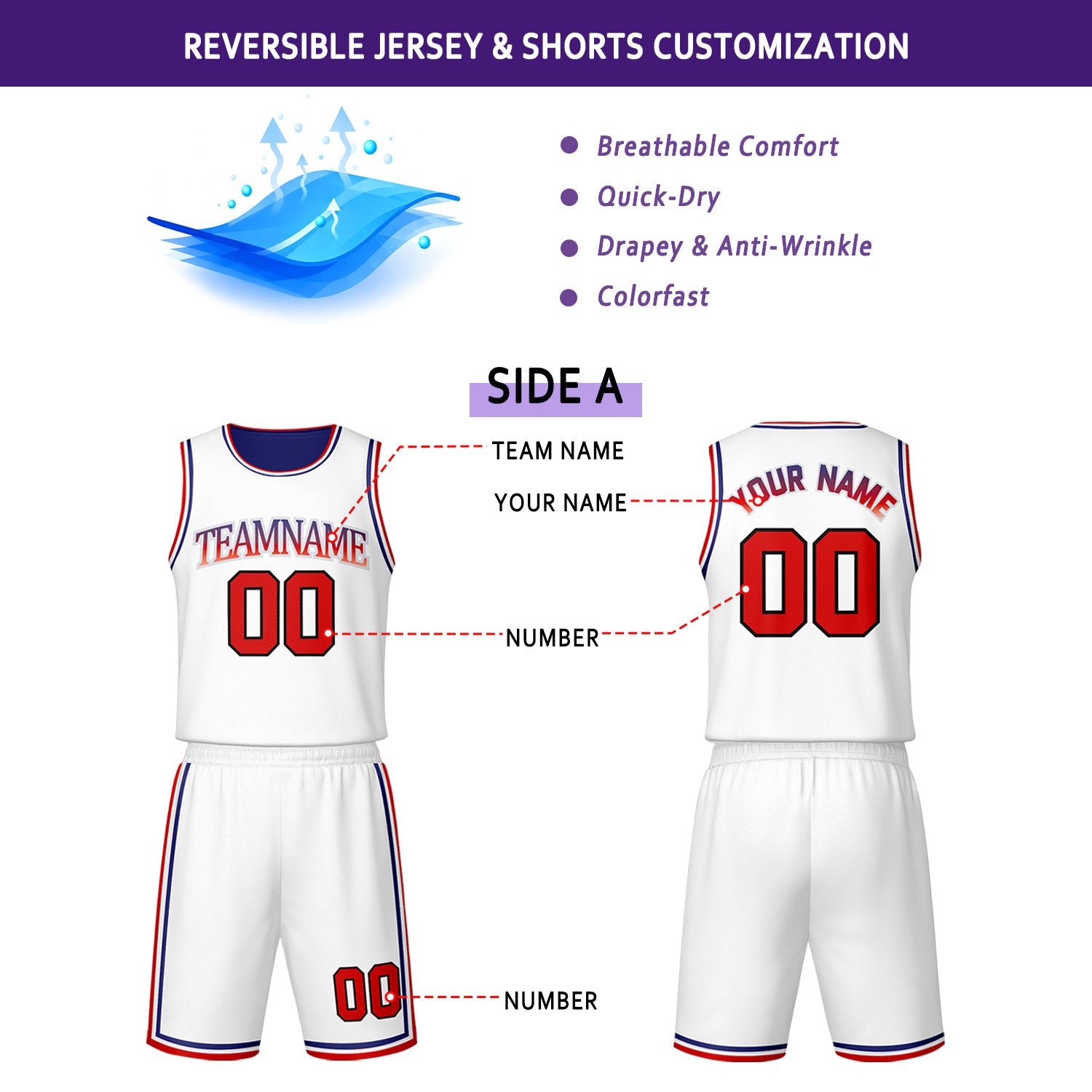 Custom White & Navy Reversible Basketball Jersey Shorts Set | Personalized Team Uniform