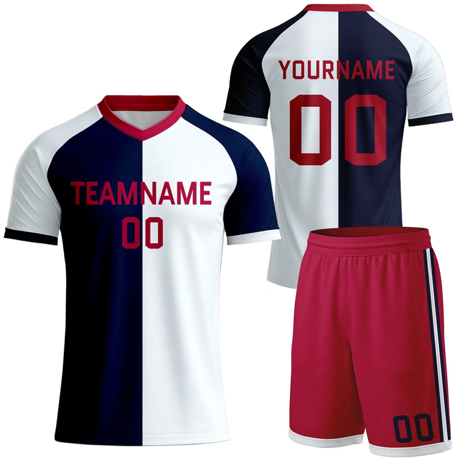 custom white navy split club soccer uniforms by Vosoli, personalized team name, player name & number, breathable short sleeve V-neck soccer jersey with shorts for club matches