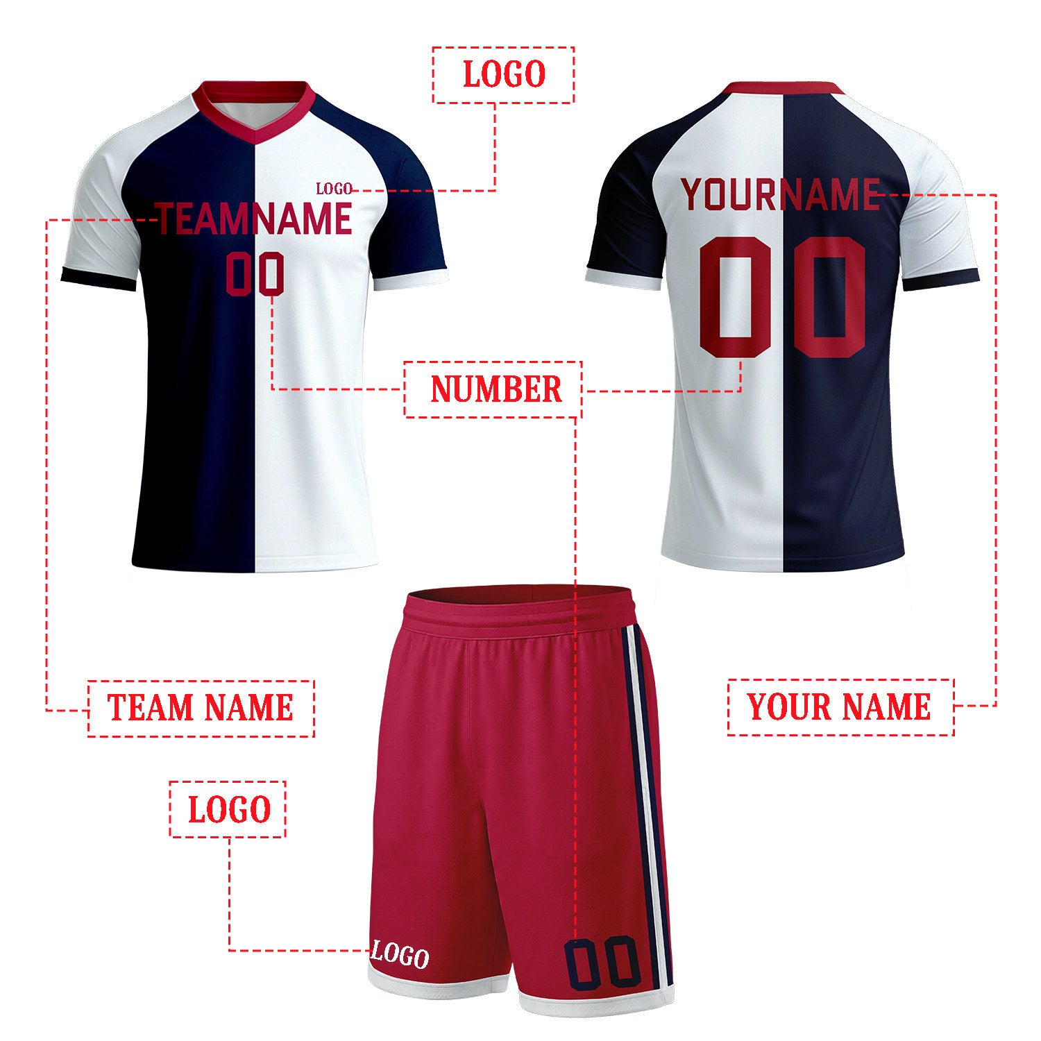 Custom White & Navy Split Soccer Uniform Set | Personalized Jersey & Shorts for Youth & Adult