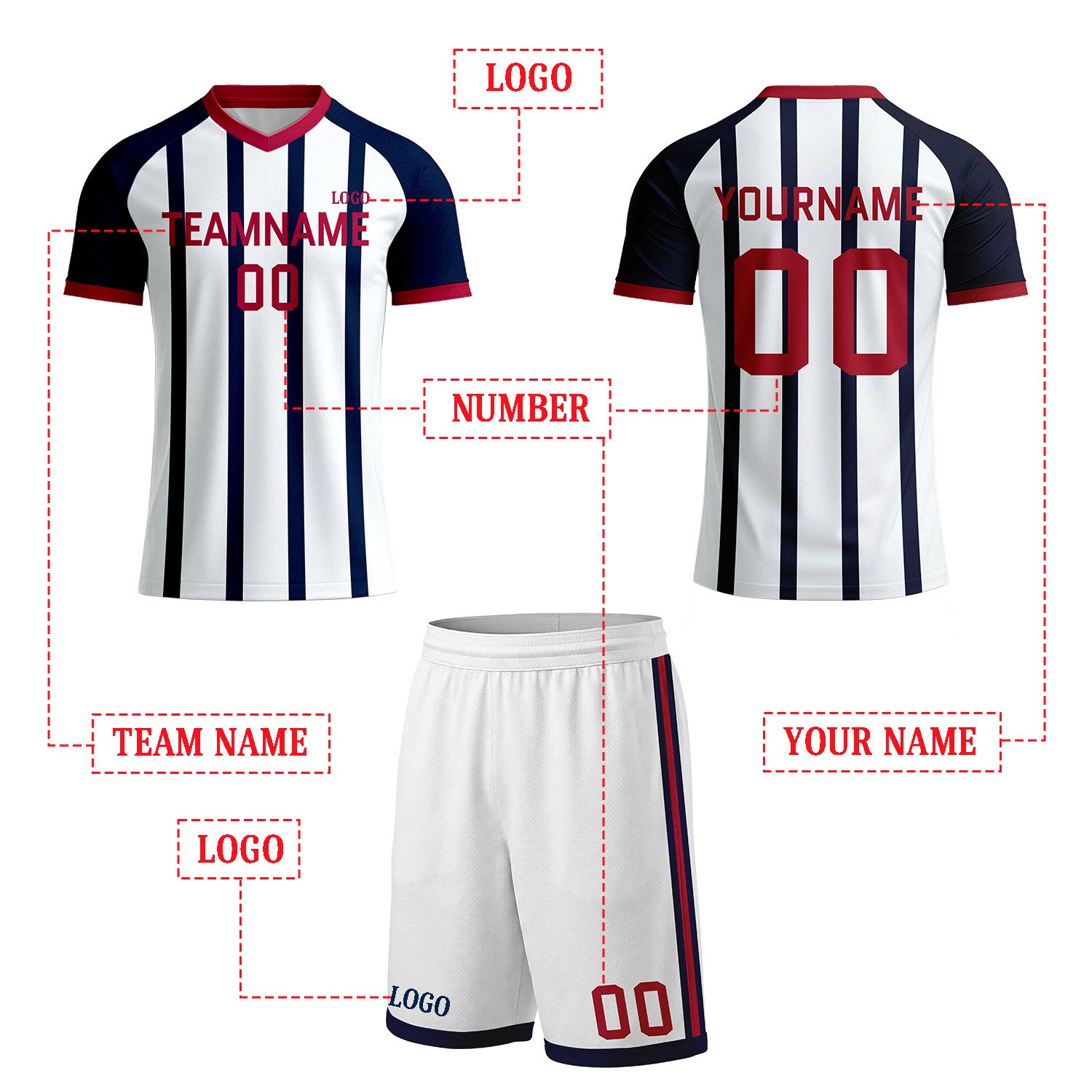 Custom White & Navy Vertical Stripe Soccer Kit Set | Personalized Jersey & Shorts for Youth & Adult