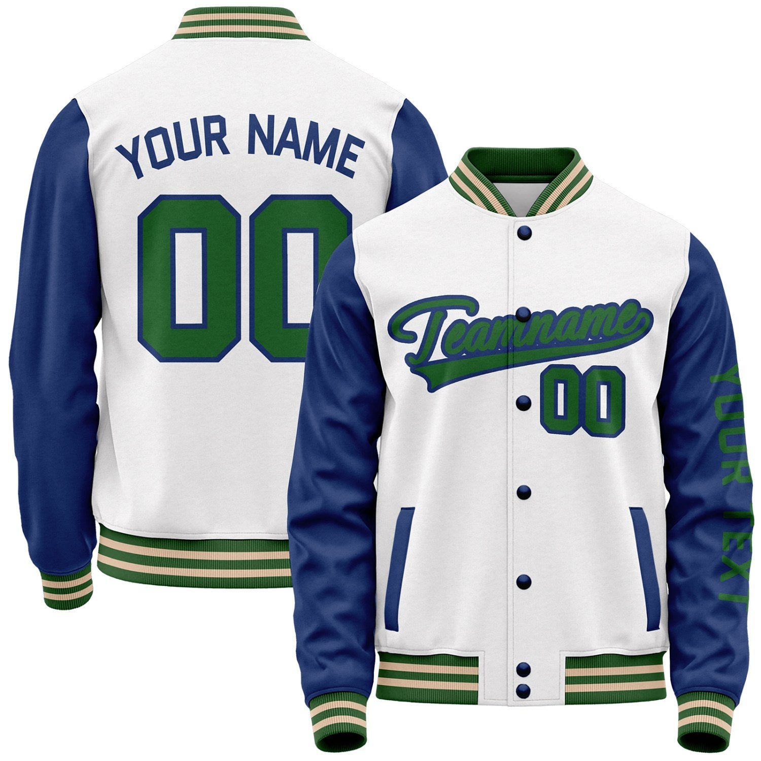 Custom white and navy wholesale baseball team jackets by Vosoli with stitched name, number and logo. Classic varsity jacket for baseball and casual wear.